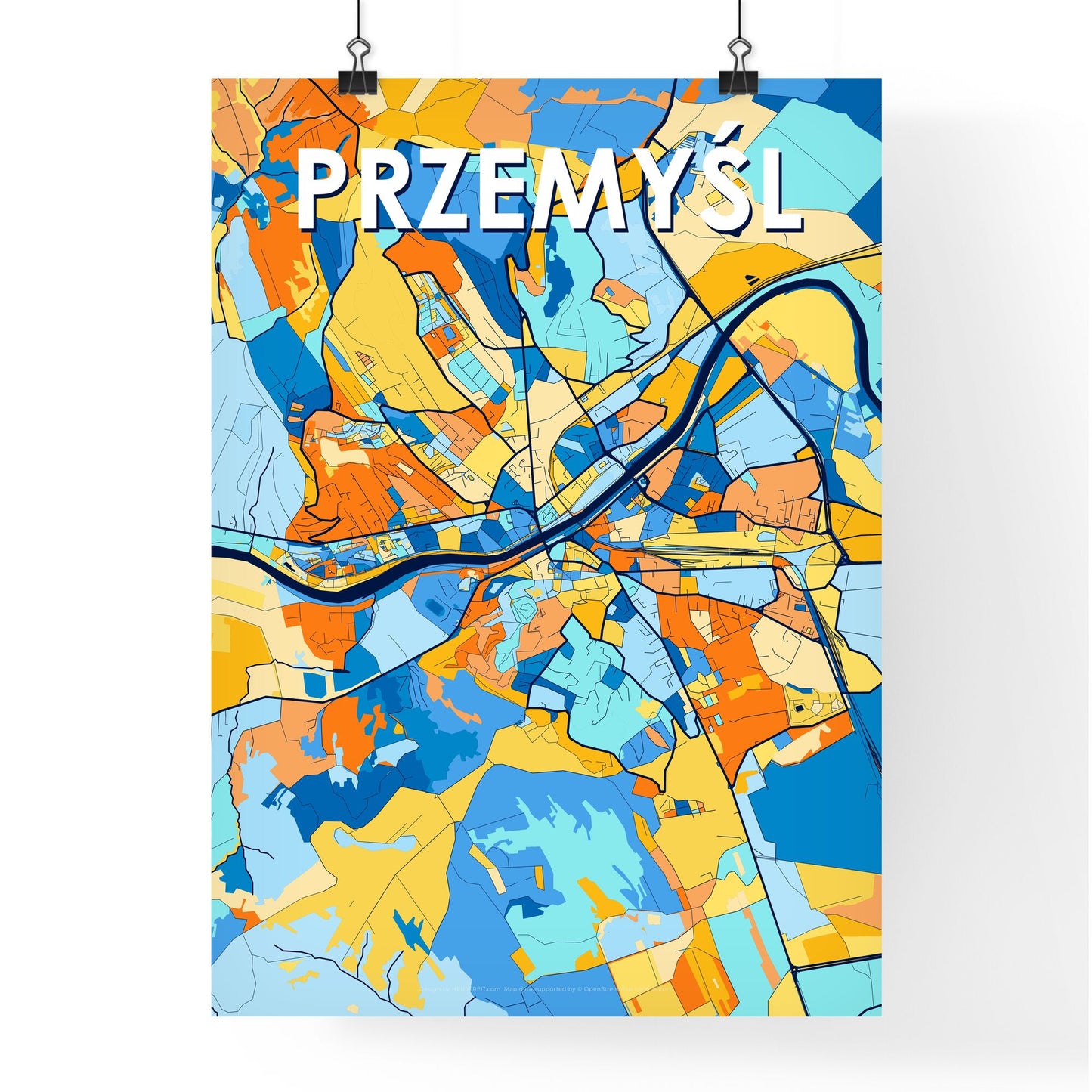 PRZEMYŚL POLAND Vibrant Colorful Art Map Poster Blue Orange