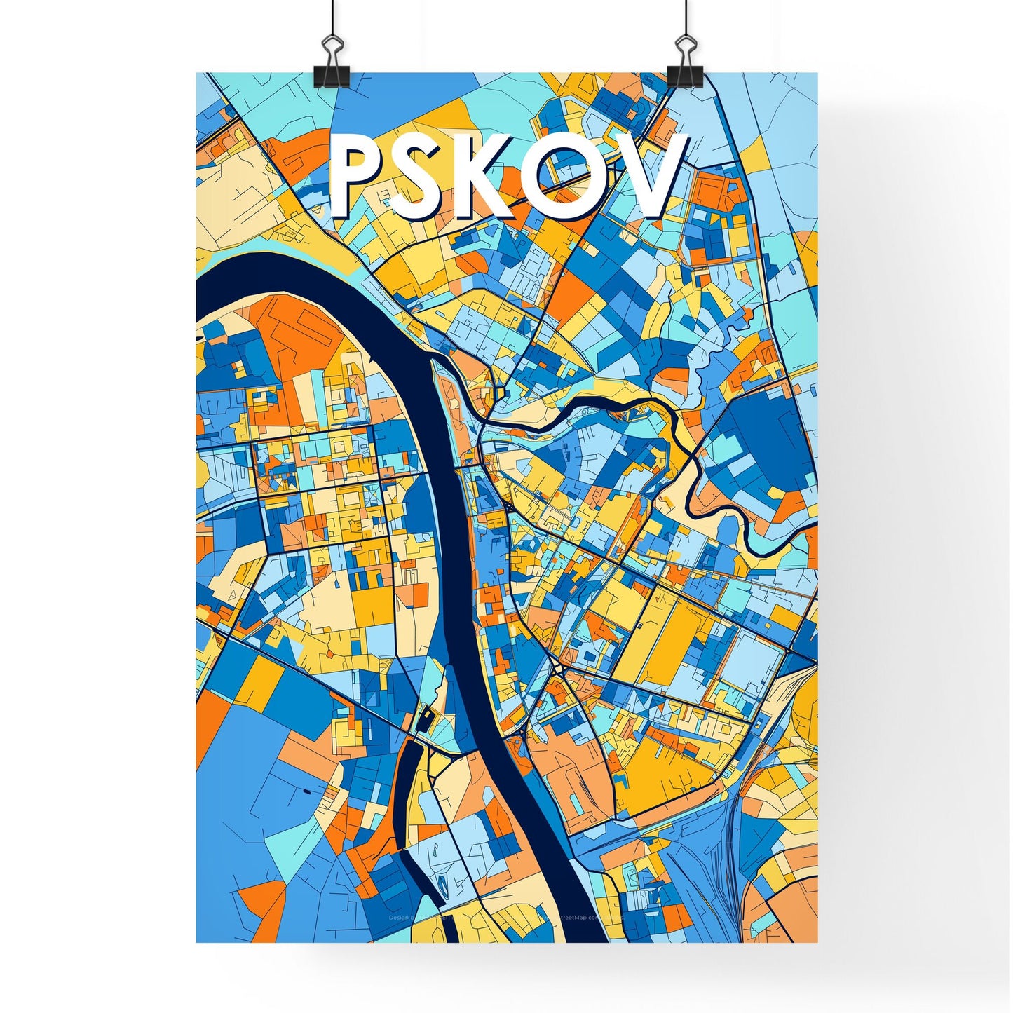 PSKOV RUSSIA Vibrant Colorful Art Map Poster Blue Orange