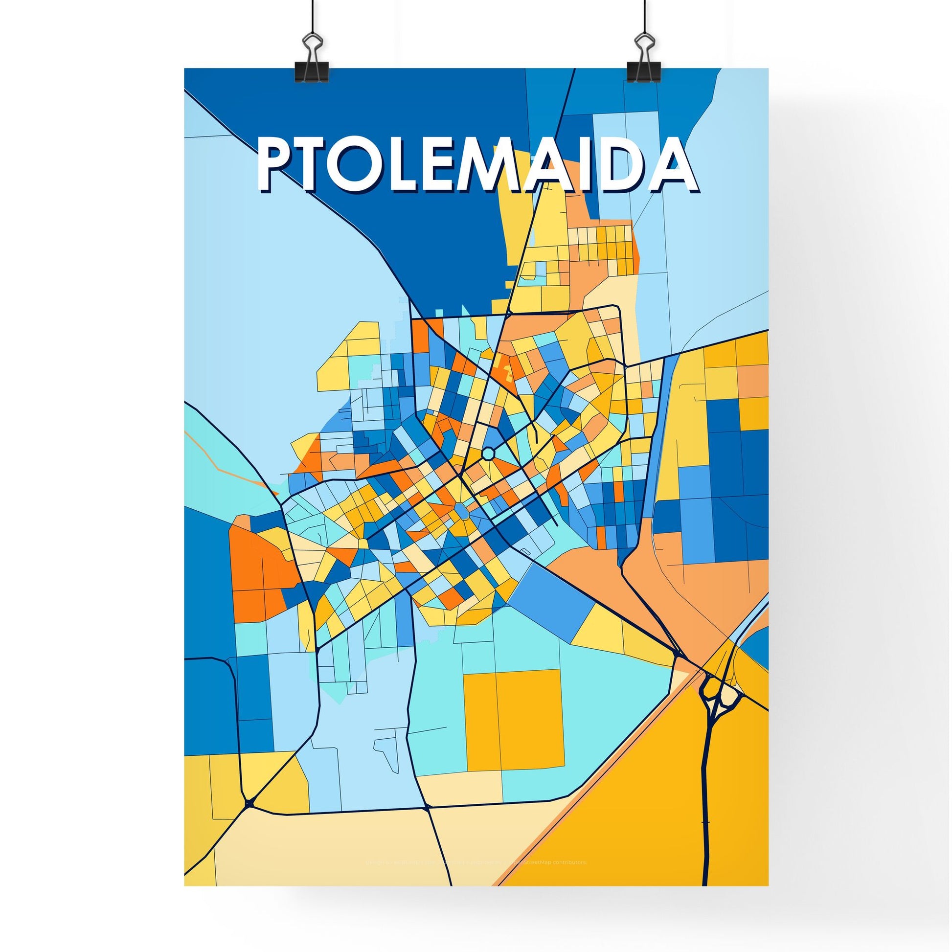 PTOLEMAIDA GREECE Vibrant Colorful Art Map Poster Blue Orange