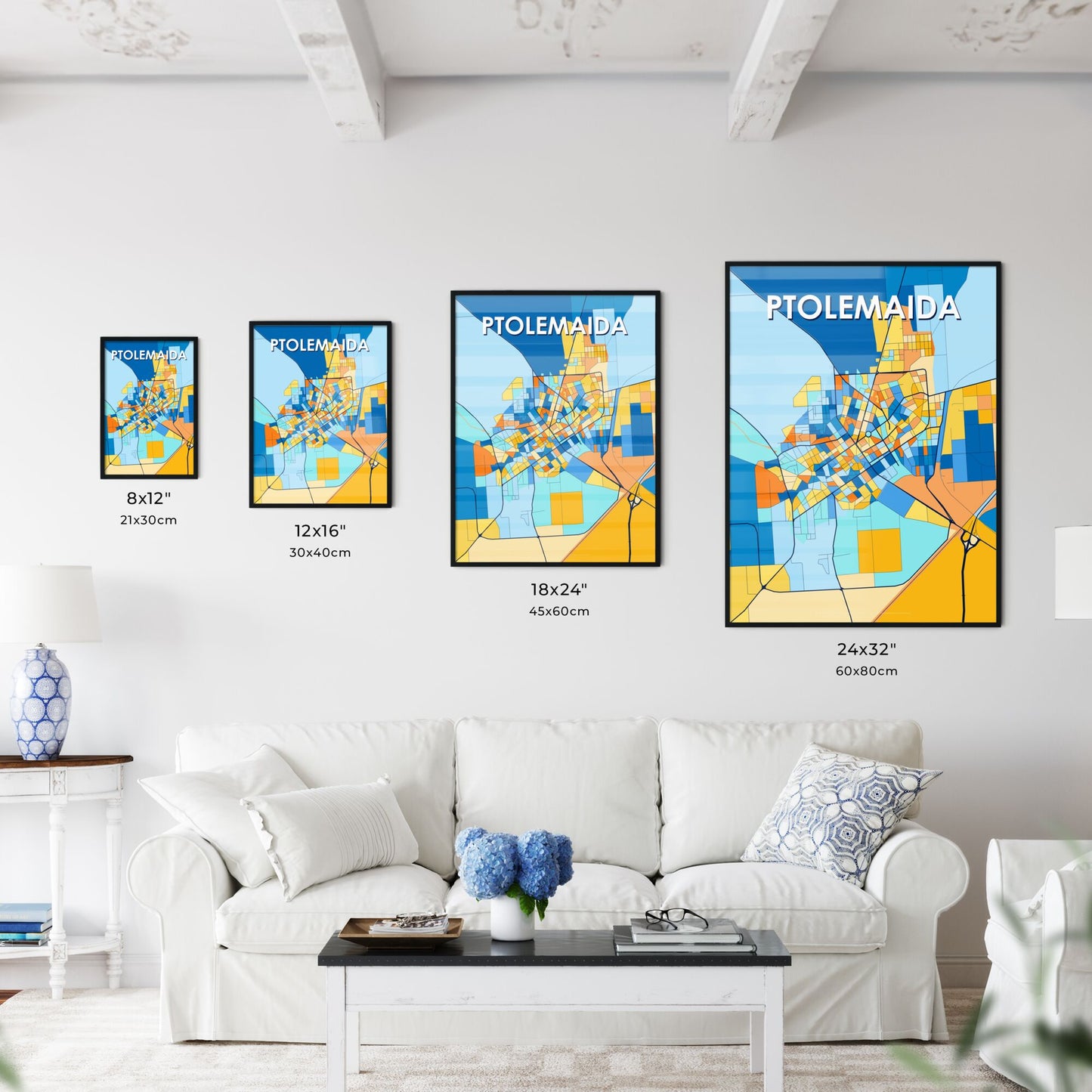 PTOLEMAIDA GREECE Vibrant Colorful Art Map Poster Blue Orange