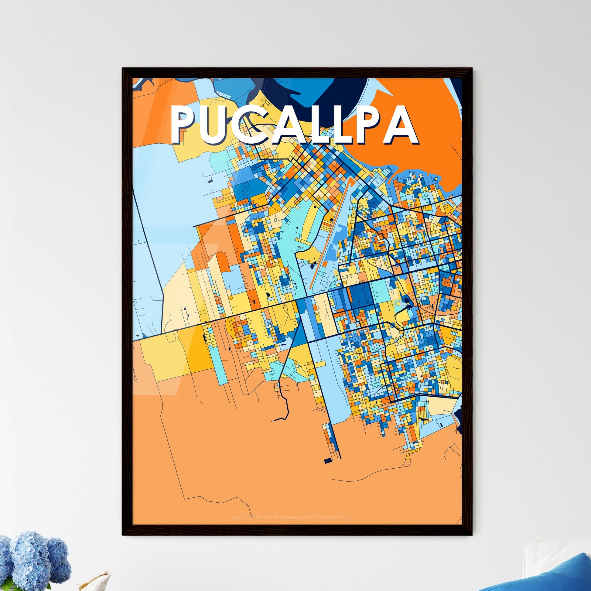 PUCALLPA PERU Vibrant Colorful Art Map Poster Blue Orange