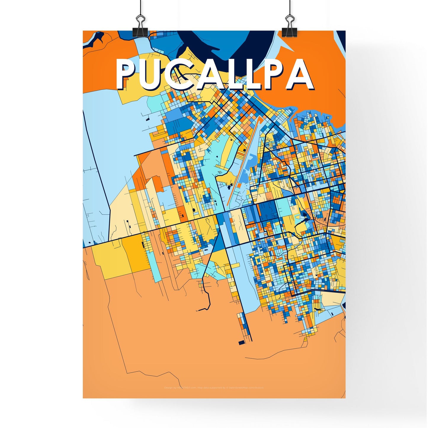 PUCALLPA PERU Vibrant Colorful Art Map Poster Blue Orange