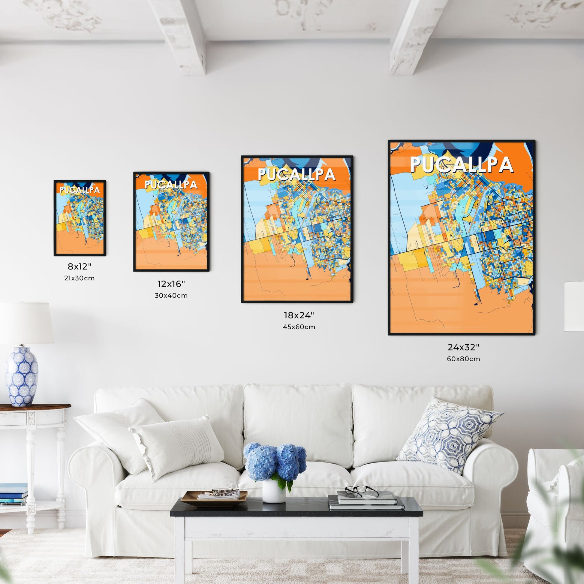 PUCALLPA PERU Vibrant Colorful Art Map Poster Blue Orange