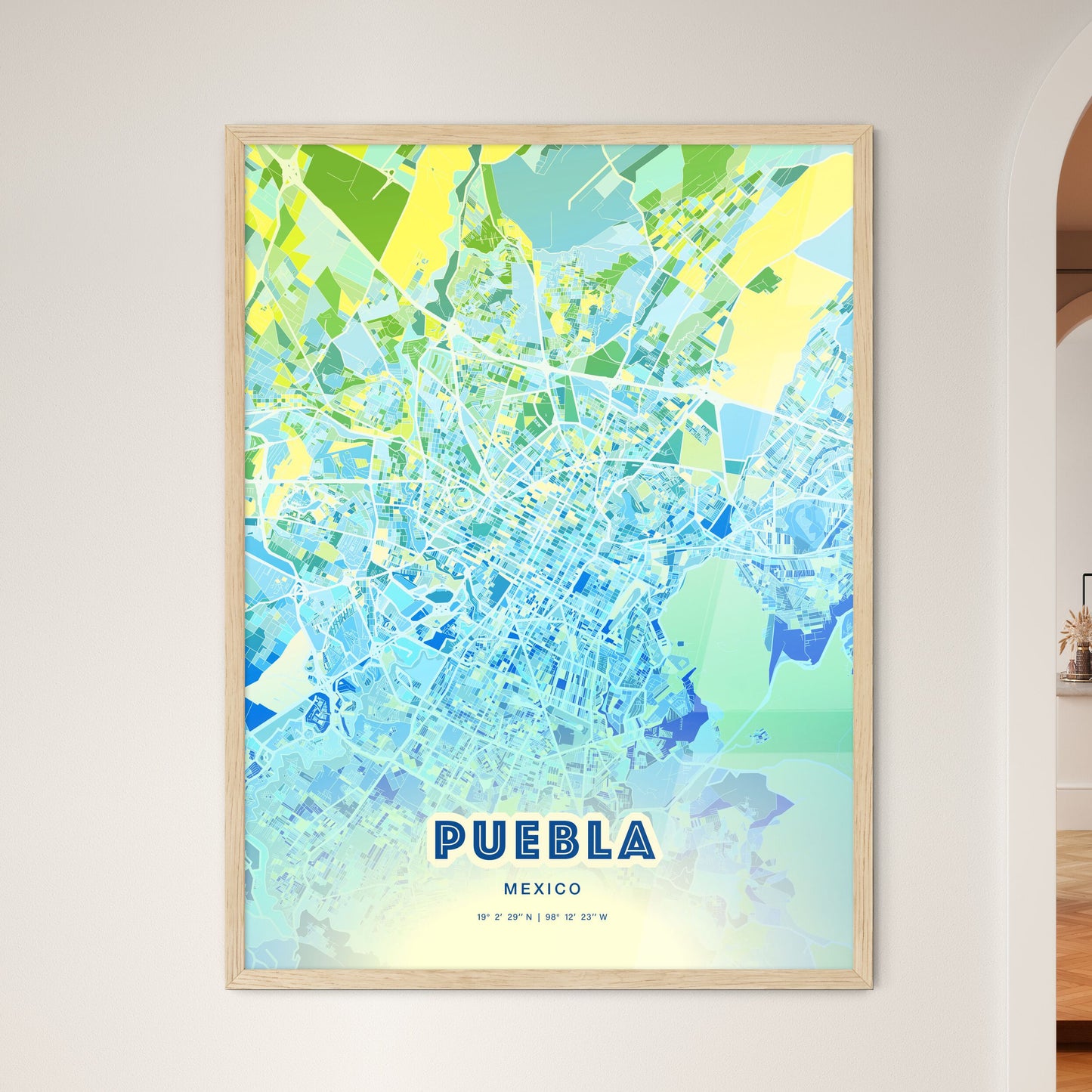 Colorful Puebla Mexico Fine Art Map Cool Blue