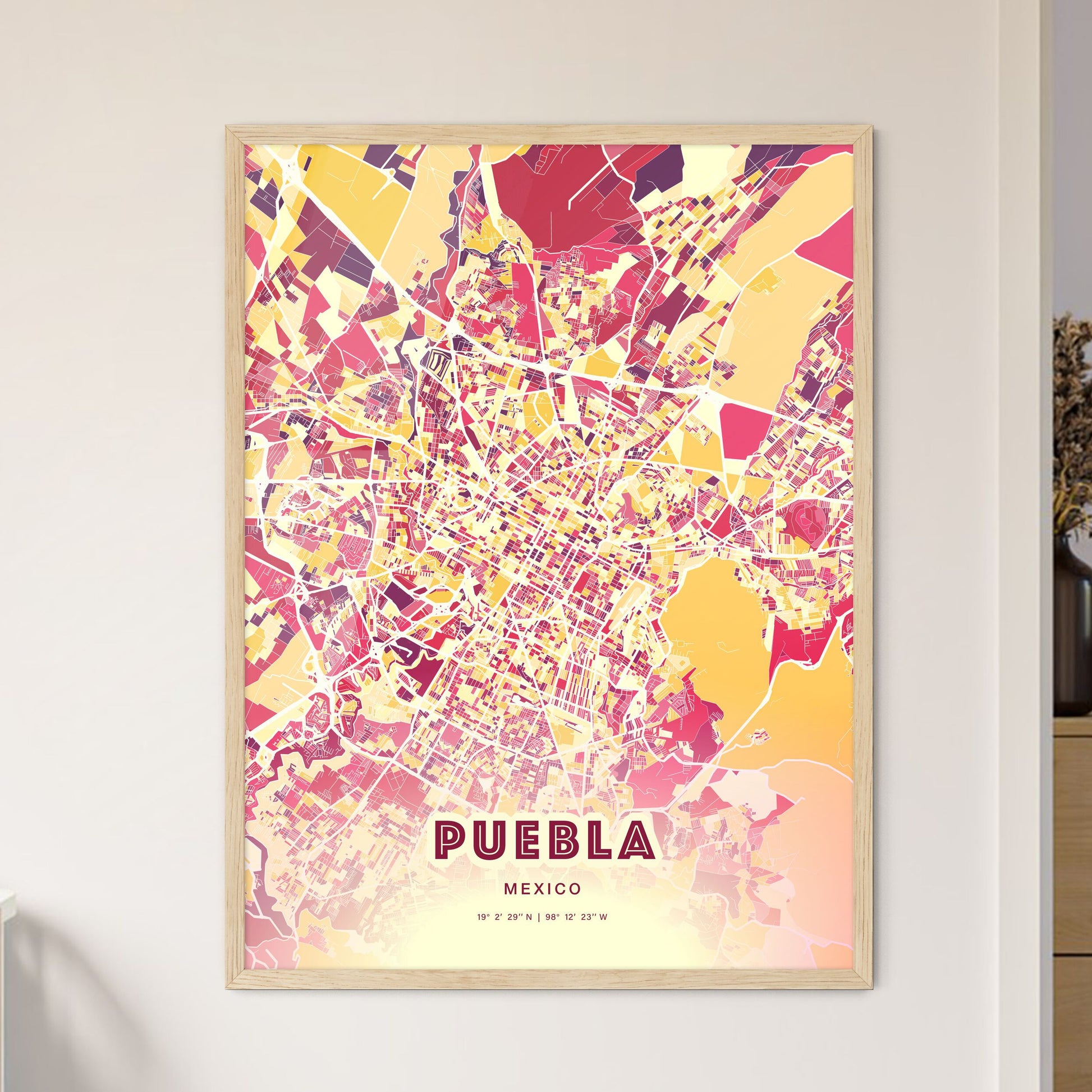 Colorful Puebla Mexico Fine Art Map Hot Red