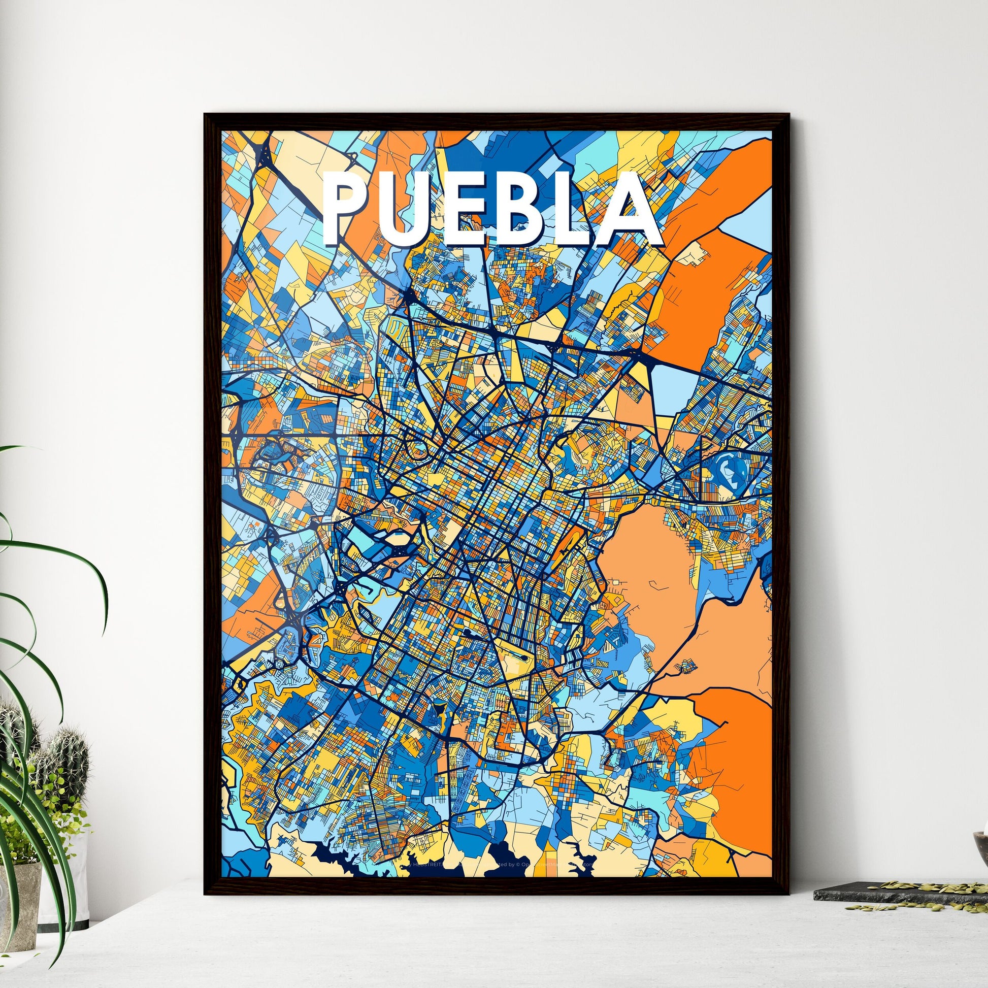 PUEBLA MEXICO Vibrant Colorful Art Map Poster Blue Orange