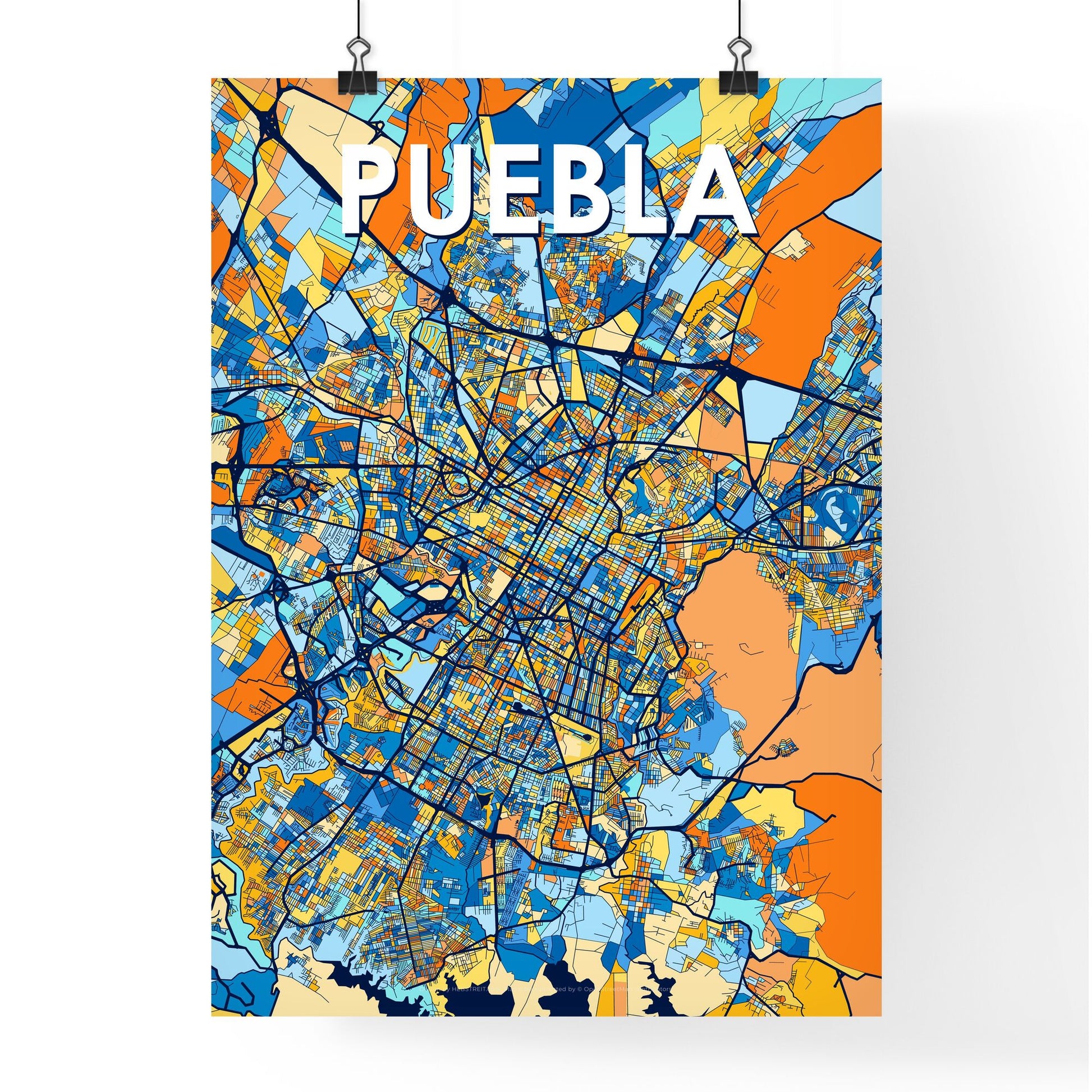 PUEBLA MEXICO Vibrant Colorful Art Map Poster Blue Orange