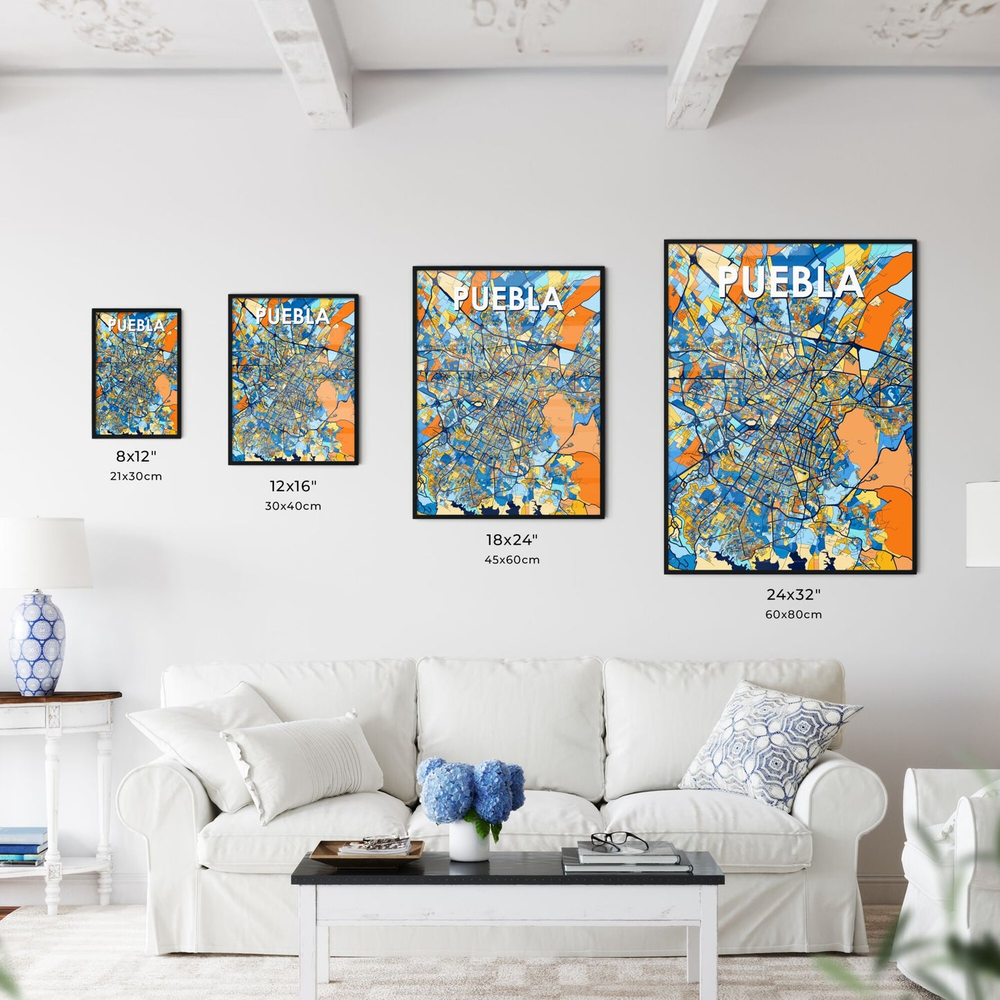 PUEBLA MEXICO Vibrant Colorful Art Map Poster Blue Orange