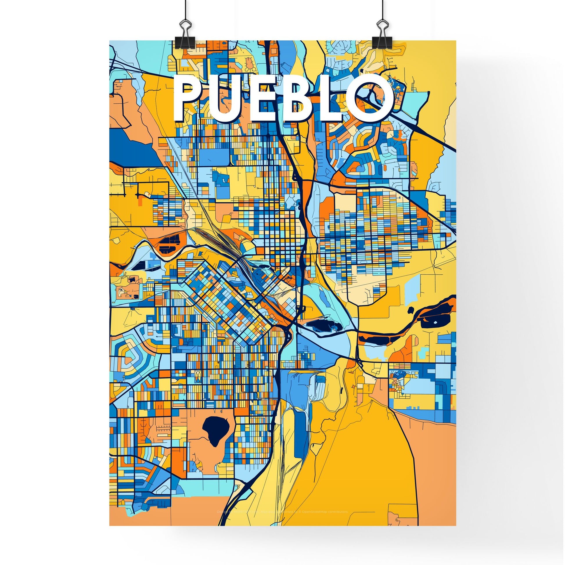 PUEBLO COLORADO Vibrant Colorful Art Map Poster Blue Orange