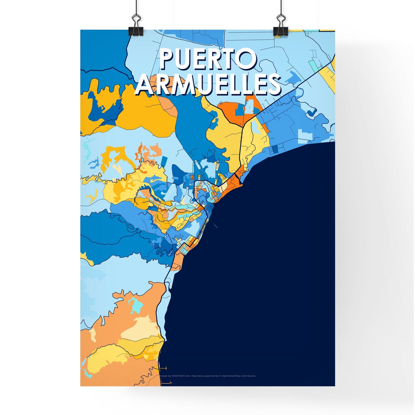 PUERTO ARMUELLES PANAMA Vibrant Colorful Art Map Poster Blue Orange