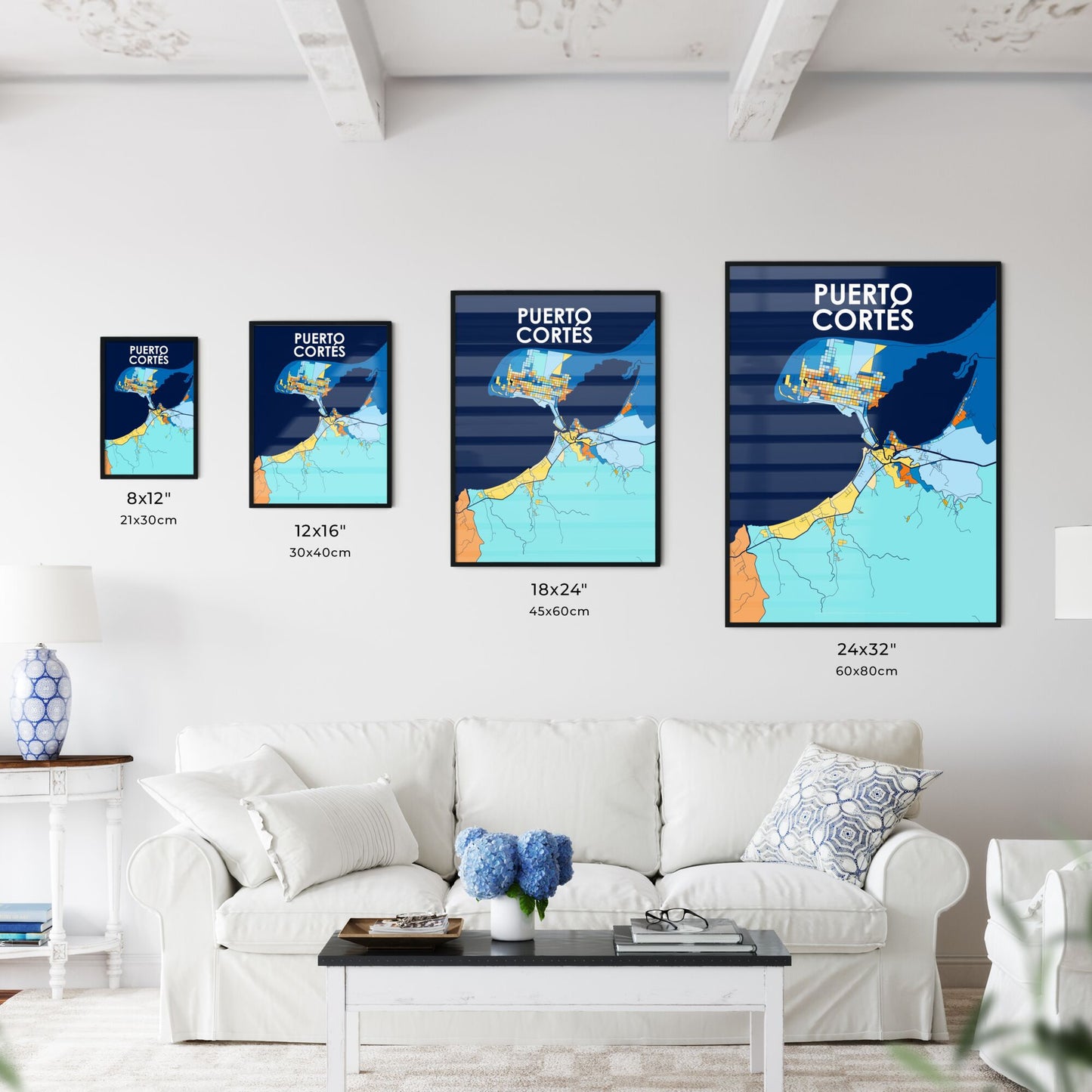 PUERTO CORTÉS HONDURAS Vibrant Colorful Art Map Poster Blue Orange