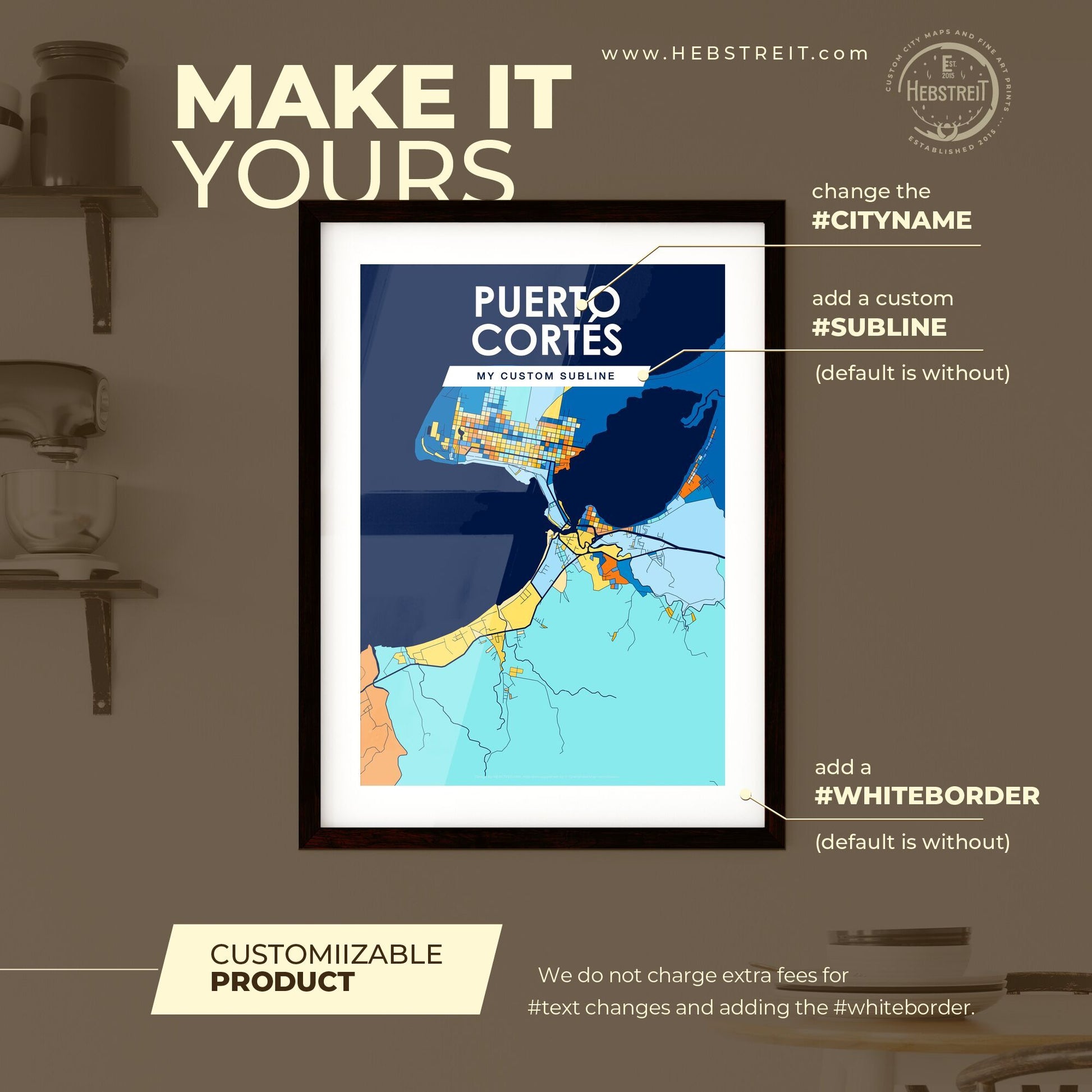 PUERTO CORTÉS HONDURAS Vibrant Colorful Art Map Poster Blue Orange