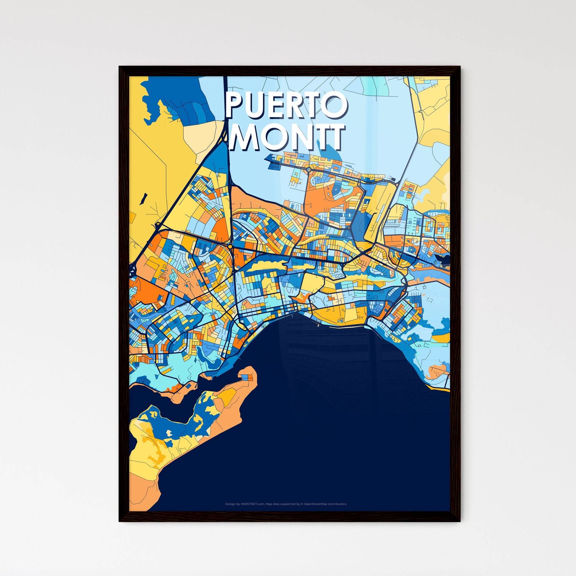 PUERTO MONTT CHILE Vibrant Colorful Art Map Poster Blue Orange