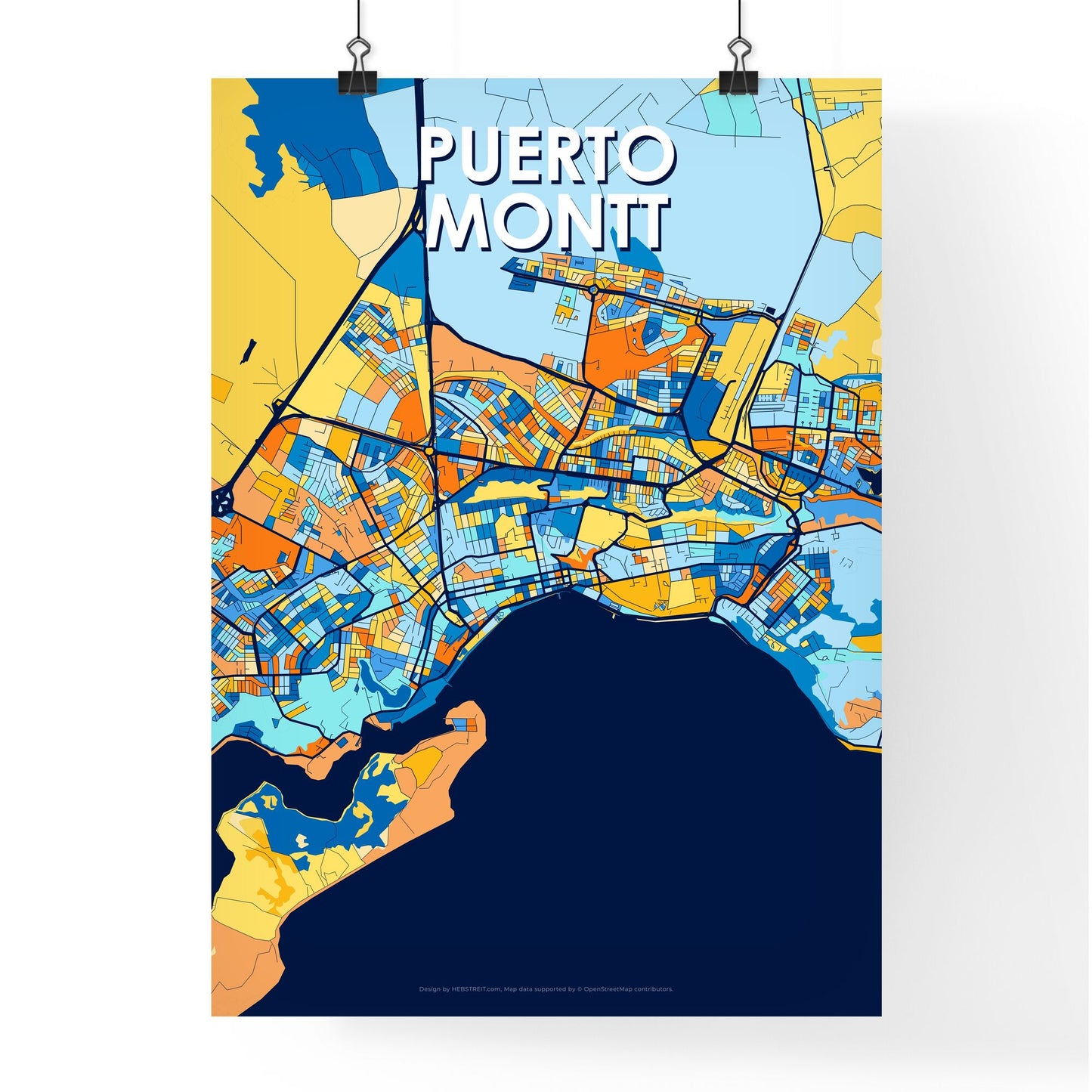 PUERTO MONTT CHILE Vibrant Colorful Art Map Poster Blue Orange