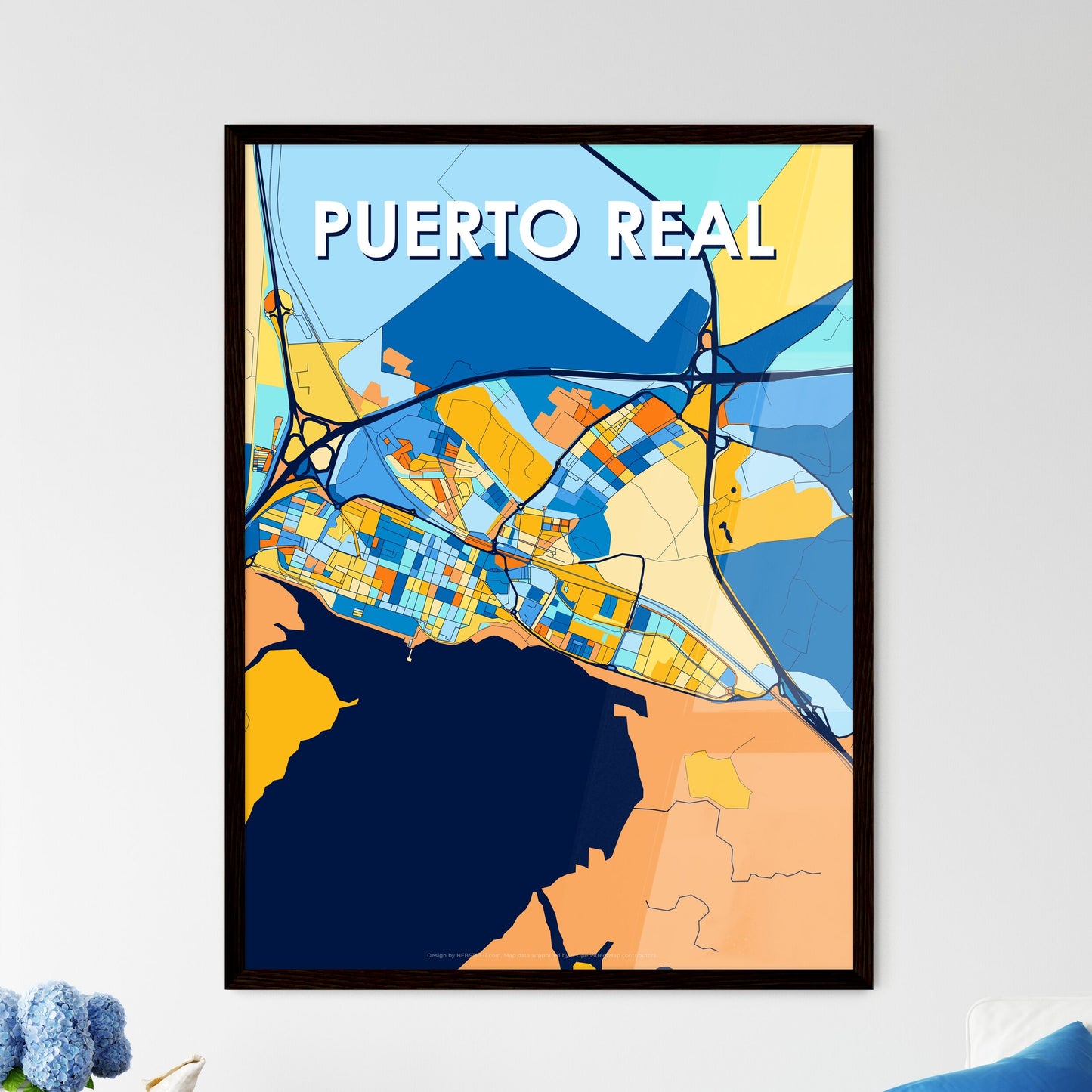 PUERTO REAL SPAIN Vibrant Colorful Art Map Poster Blue Orange