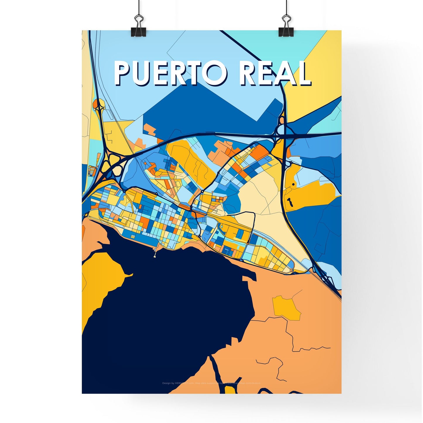 PUERTO REAL SPAIN Vibrant Colorful Art Map Poster Blue Orange