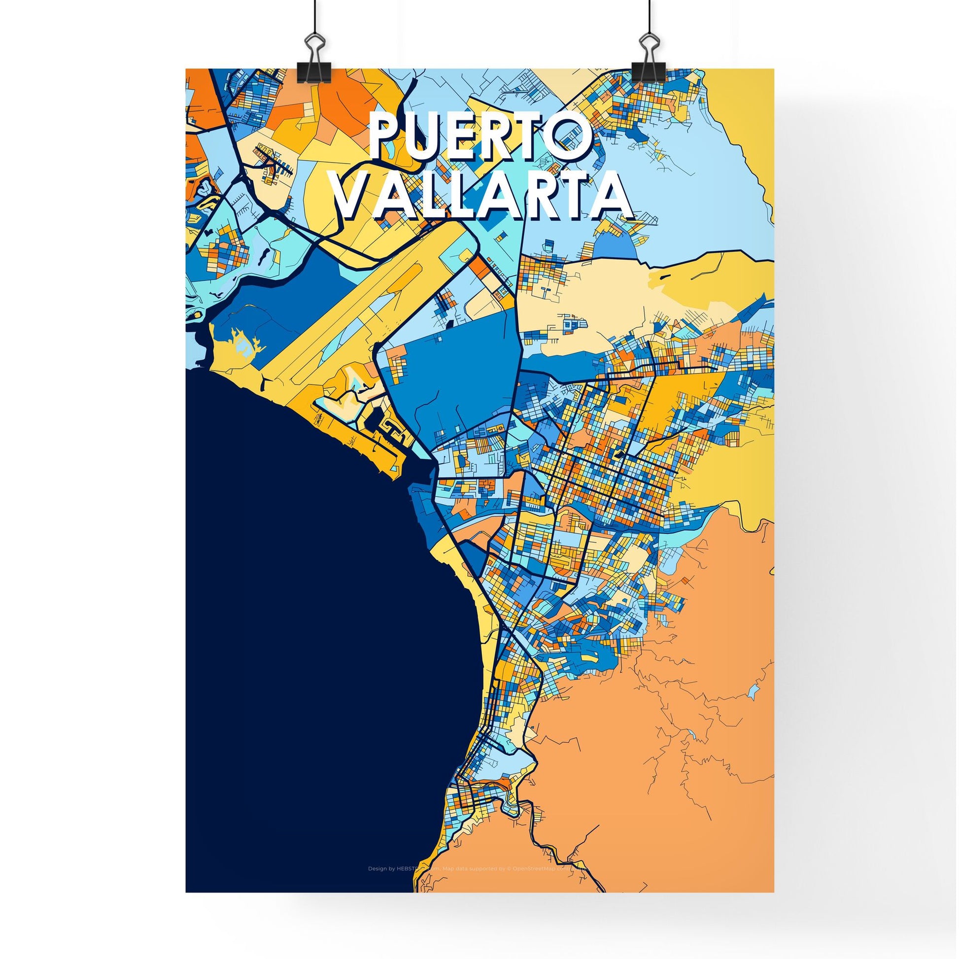 PUERTO VALLARTA MEXICO Vibrant Colorful Art Map Poster Blue Orange