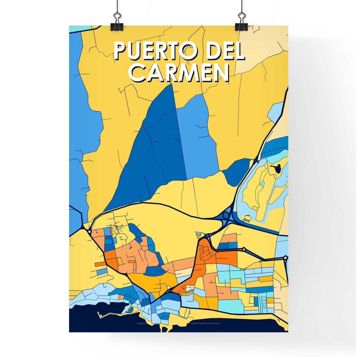 PUERTO DEL CARMEN SPAIN Vibrant Colorful Art Map Poster Blue Orange