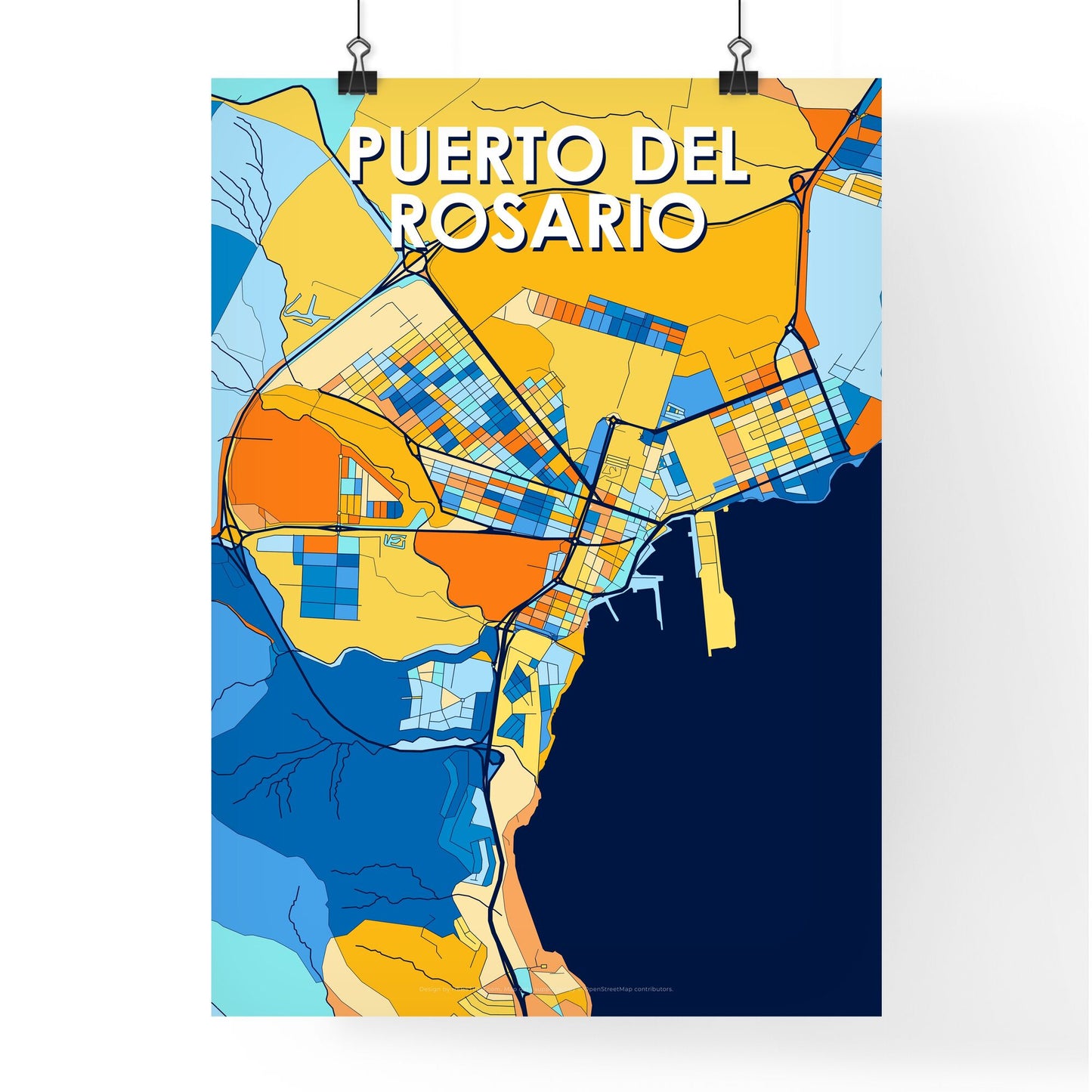 PUERTO DEL ROSARIO SPAIN Vibrant Colorful Art Map Poster Blue Orange