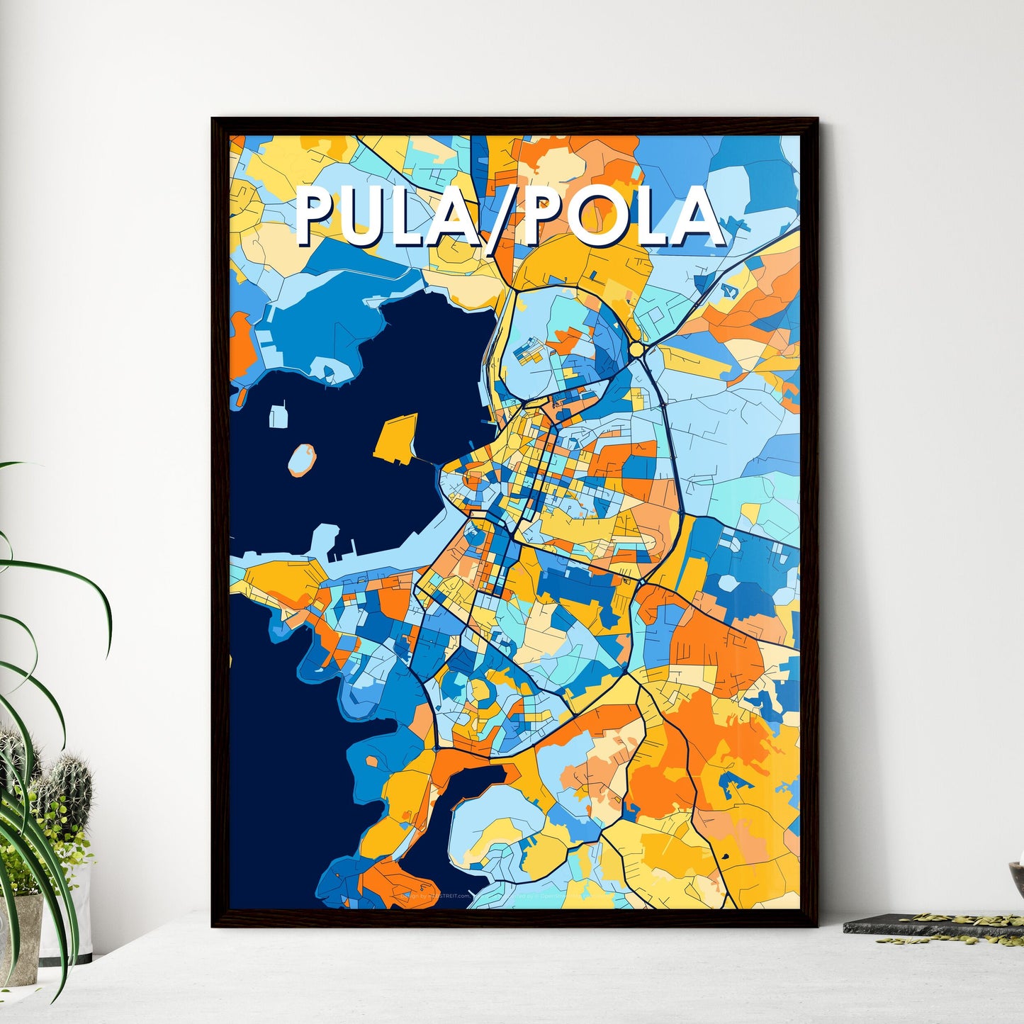 PULA/POLA CROATIA Vibrant Colorful Art Map Poster Blue Orange