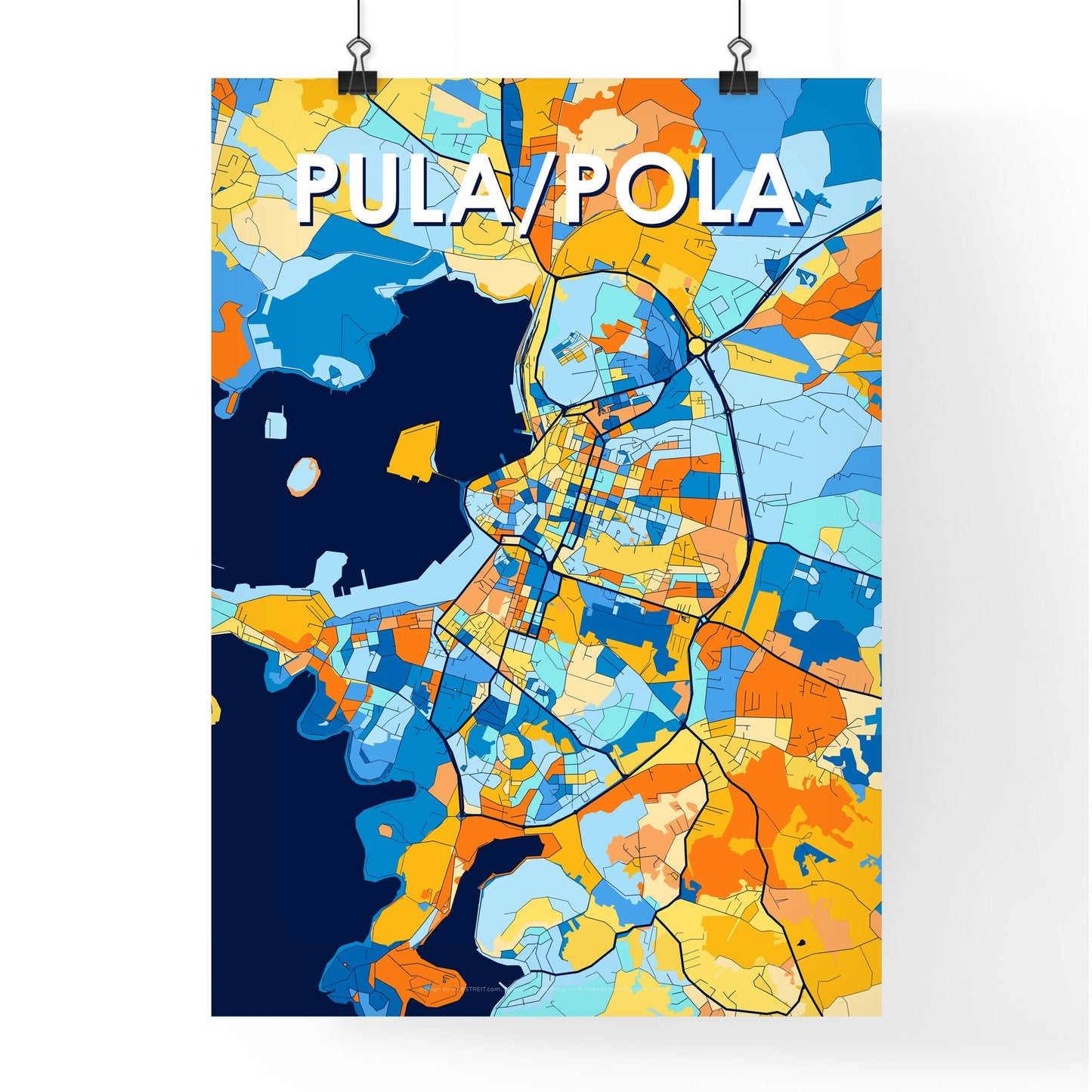 PULA/POLA CROATIA Vibrant Colorful Art Map Poster Blue Orange