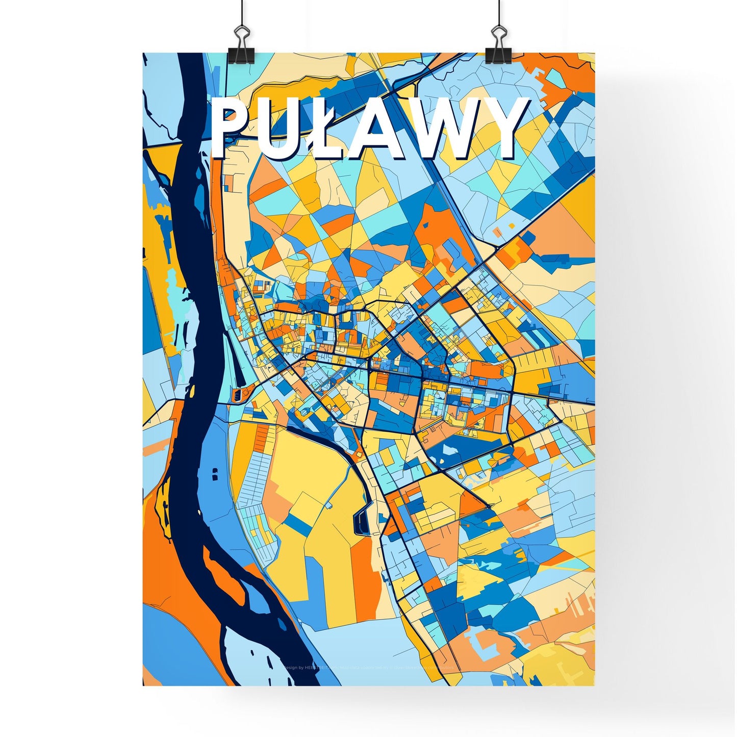 PUŁAWY POLAND Vibrant Colorful Art Map Poster Blue Orange