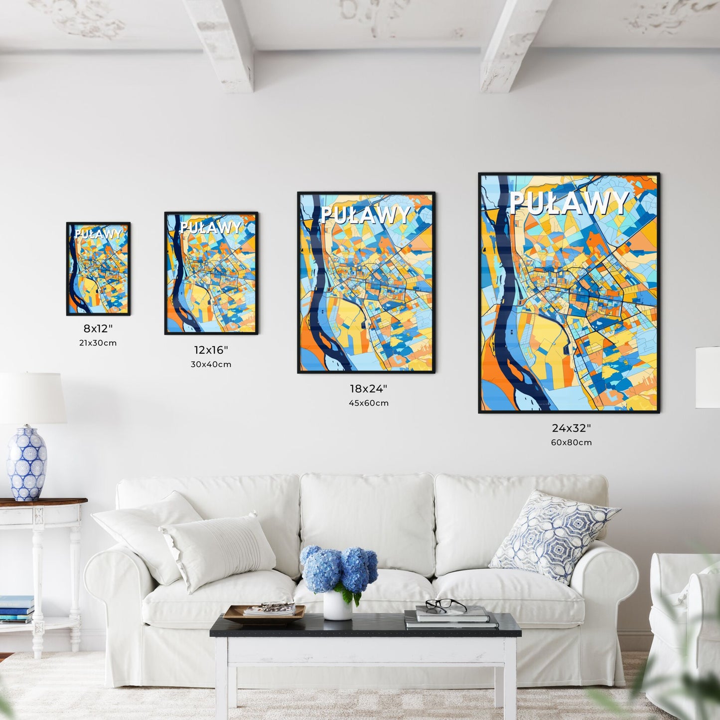 PUŁAWY POLAND Vibrant Colorful Art Map Poster Blue Orange