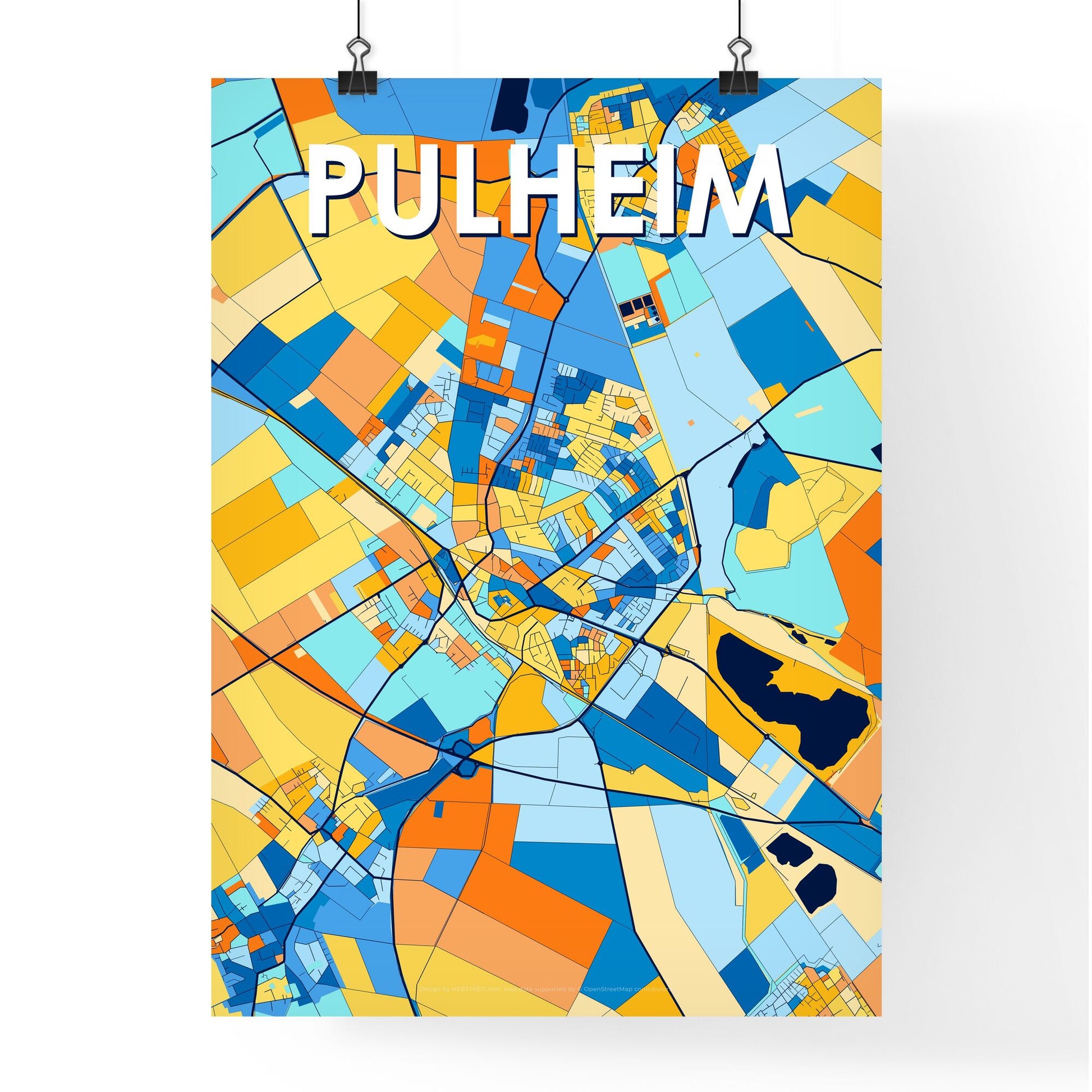 PULHEIM GERMANY Vibrant Colorful Art Map Poster Blue Orange