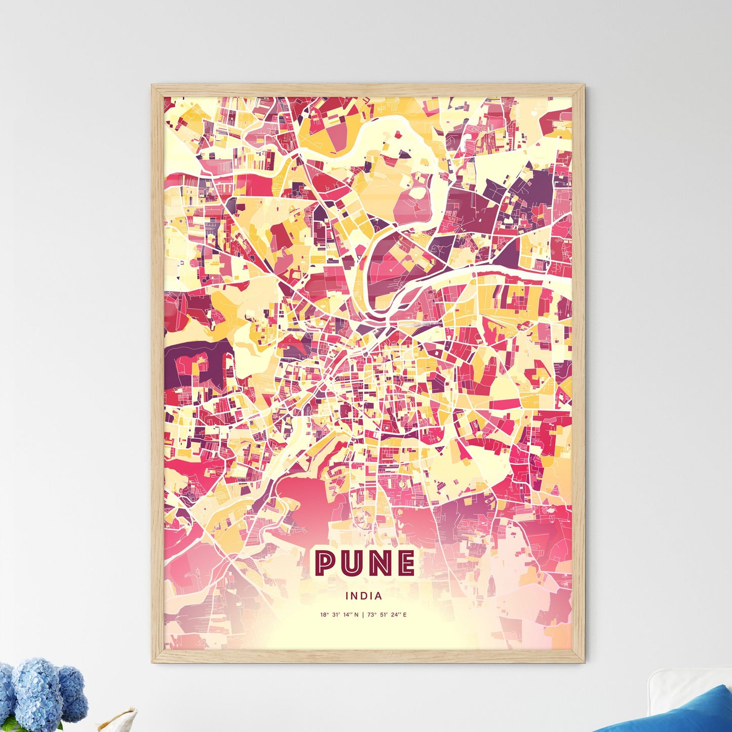 Colorful Pune India Fine Art Map Hot Red