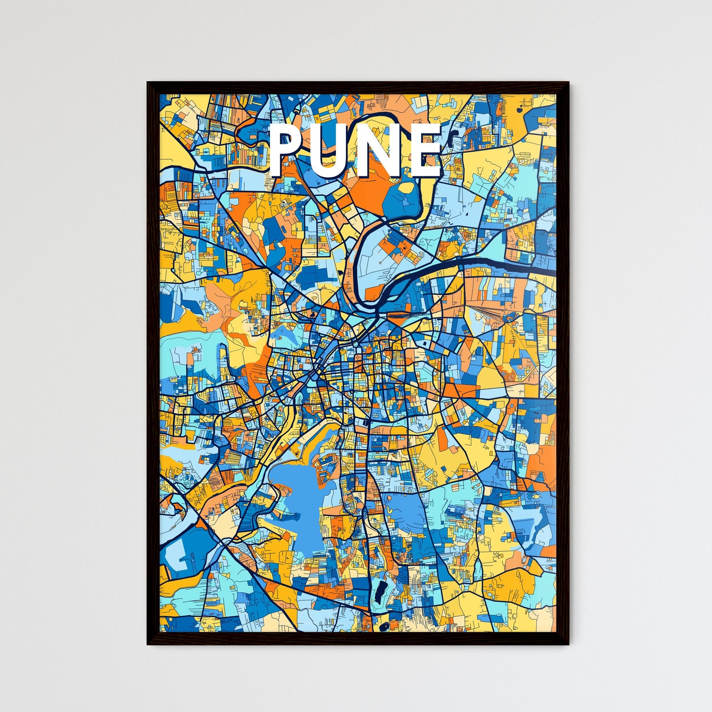 PUNE INDIA Vibrant Colorful Art Map Poster Blue Orange