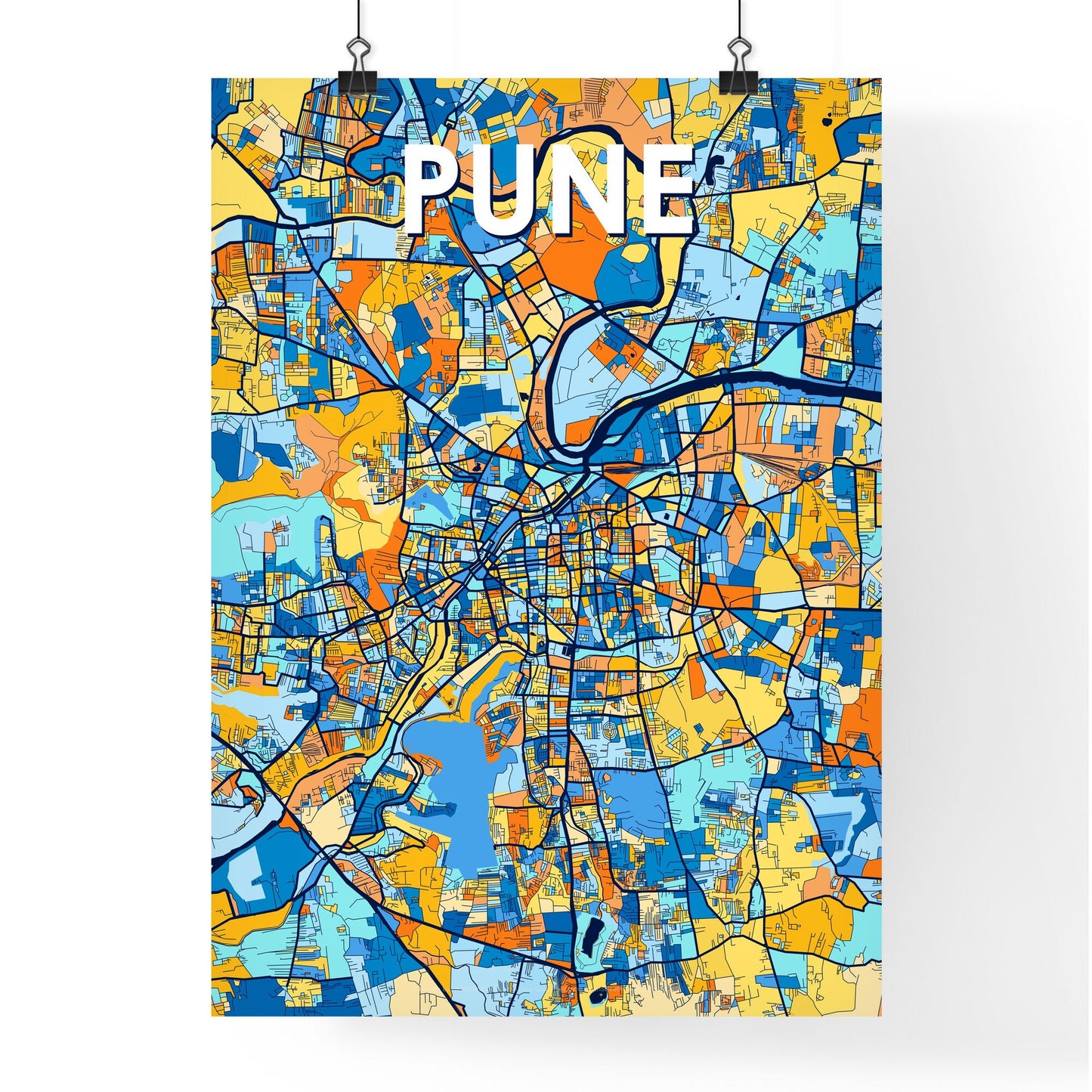 PUNE INDIA Vibrant Colorful Art Map Poster Blue Orange