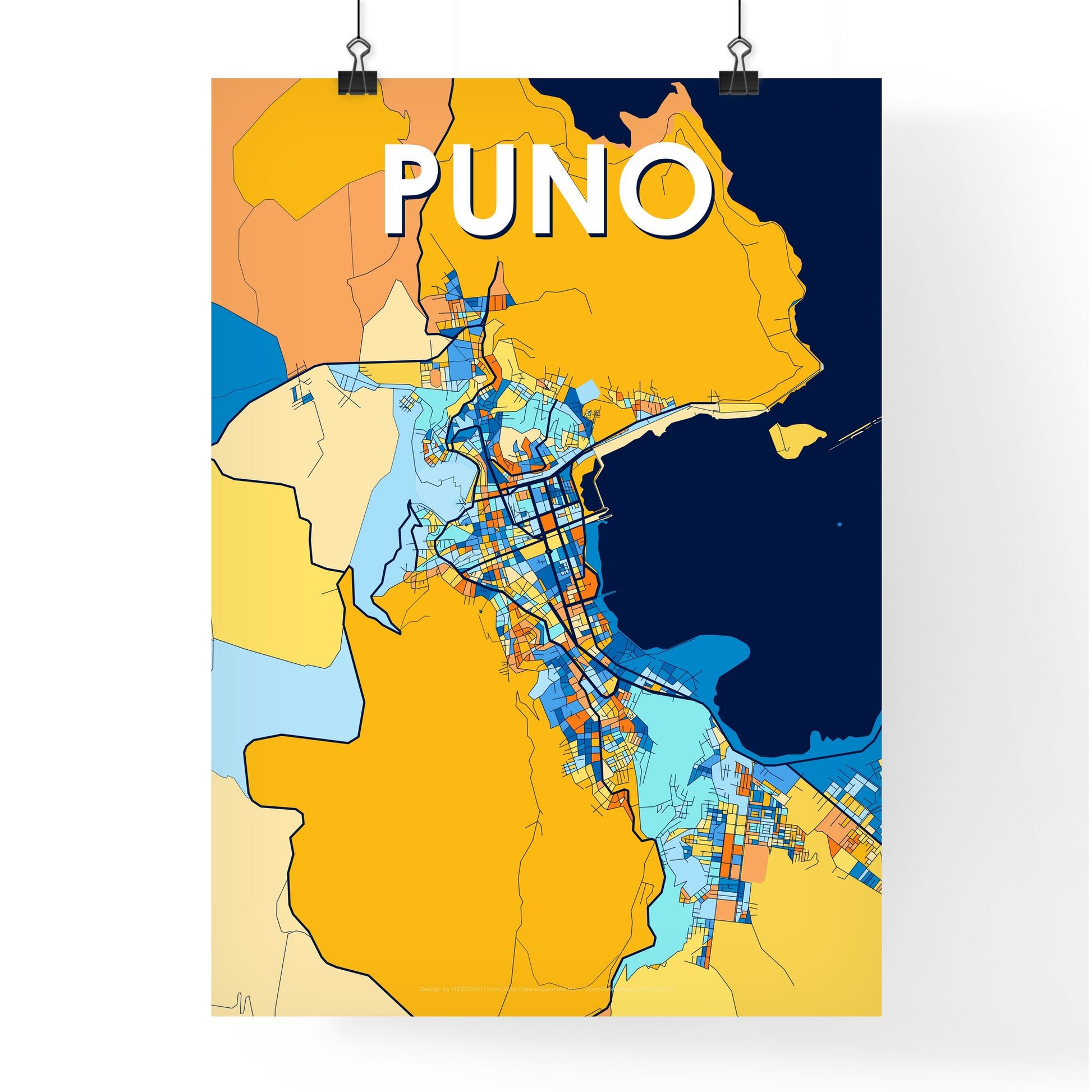 PUNO PERU Vibrant Colorful Art Map Poster Blue Orange