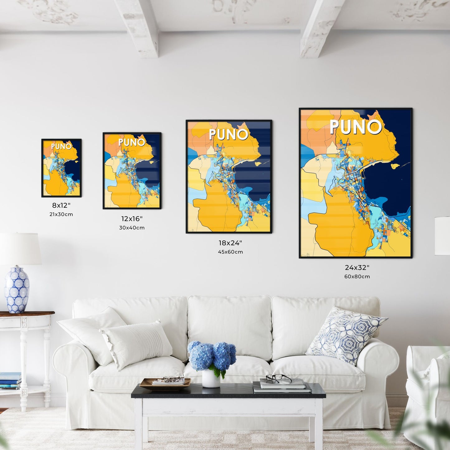 PUNO PERU Vibrant Colorful Art Map Poster Blue Orange