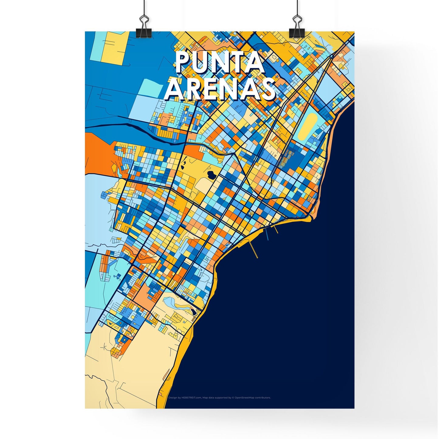 PUNTA ARENAS CHILE Vibrant Colorful Art Map Poster Blue Orange