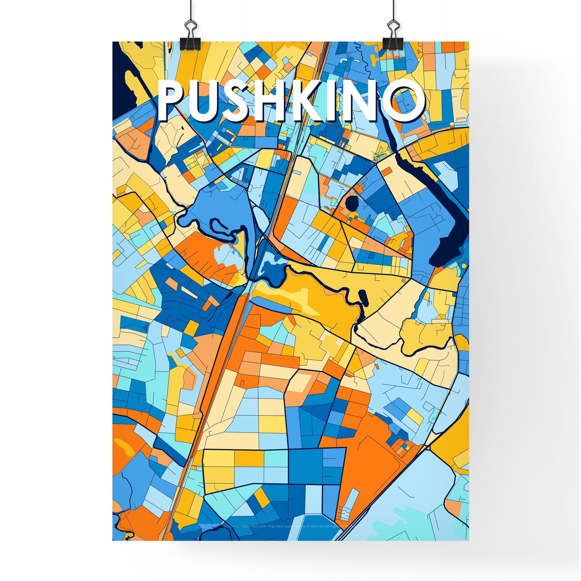 PUSHKINO RUSSIA Vibrant Colorful Art Map Poster Blue Orange