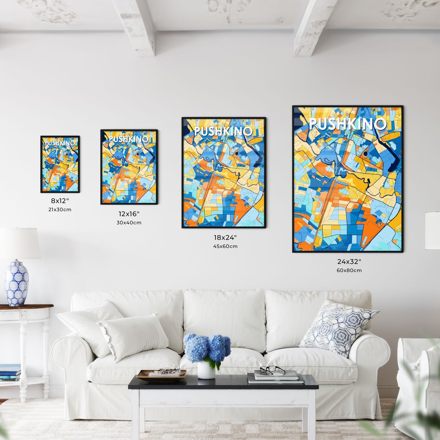 PUSHKINO RUSSIA Vibrant Colorful Art Map Poster Blue Orange