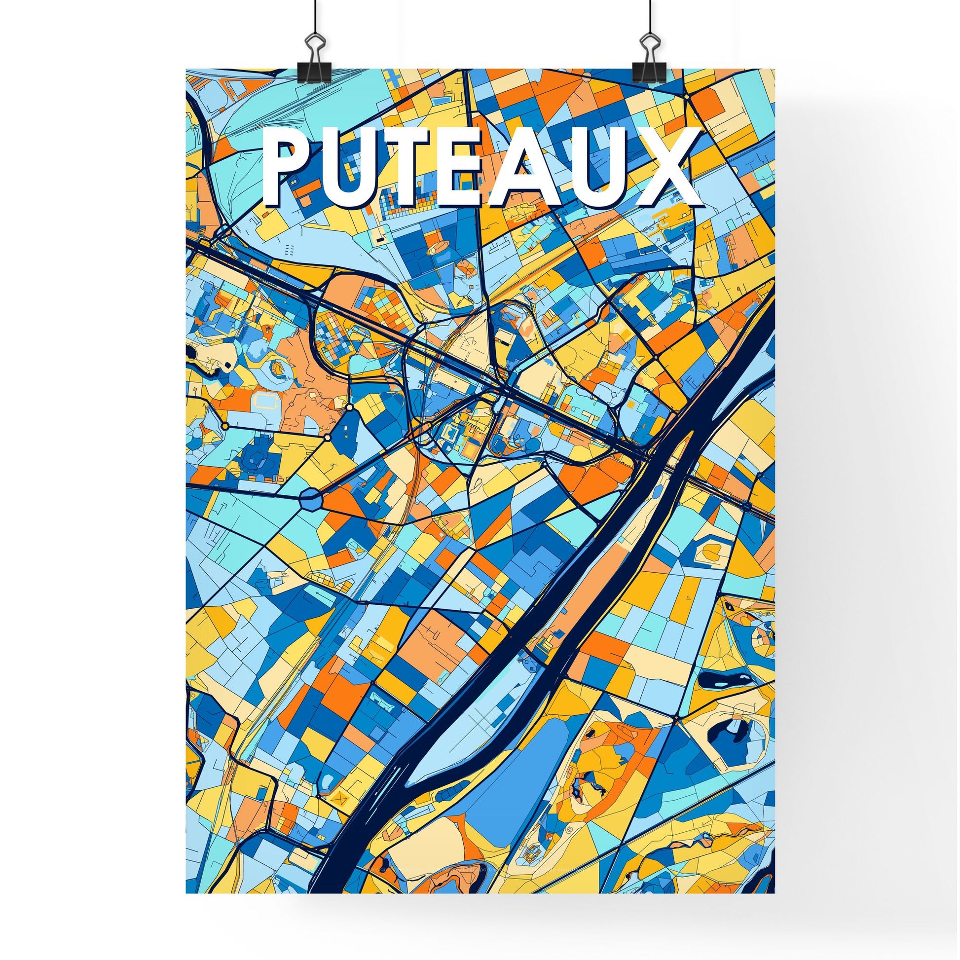 PUTEAUX FRANCE Vibrant Colorful Art Map Poster Blue Orange