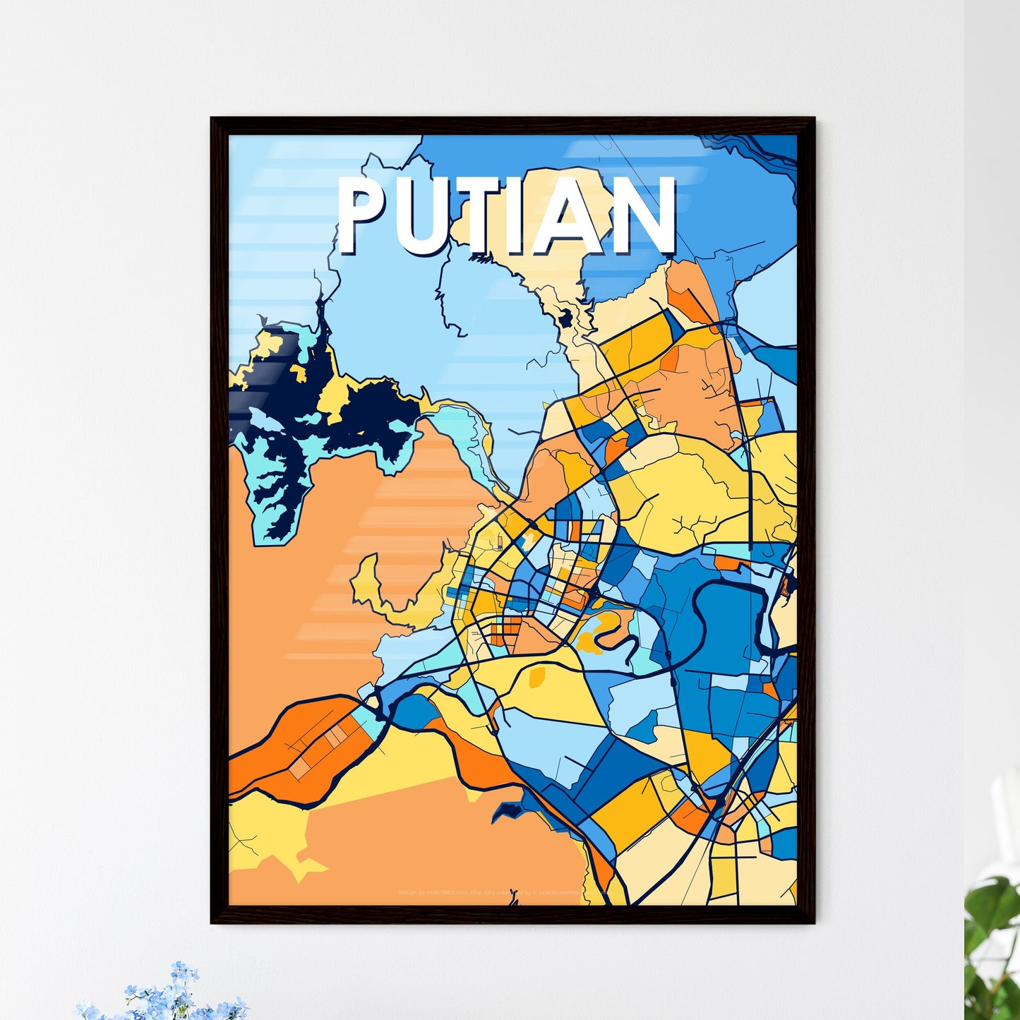 PUTIAN CHINA Vibrant Colorful Art Map Poster Blue Orange