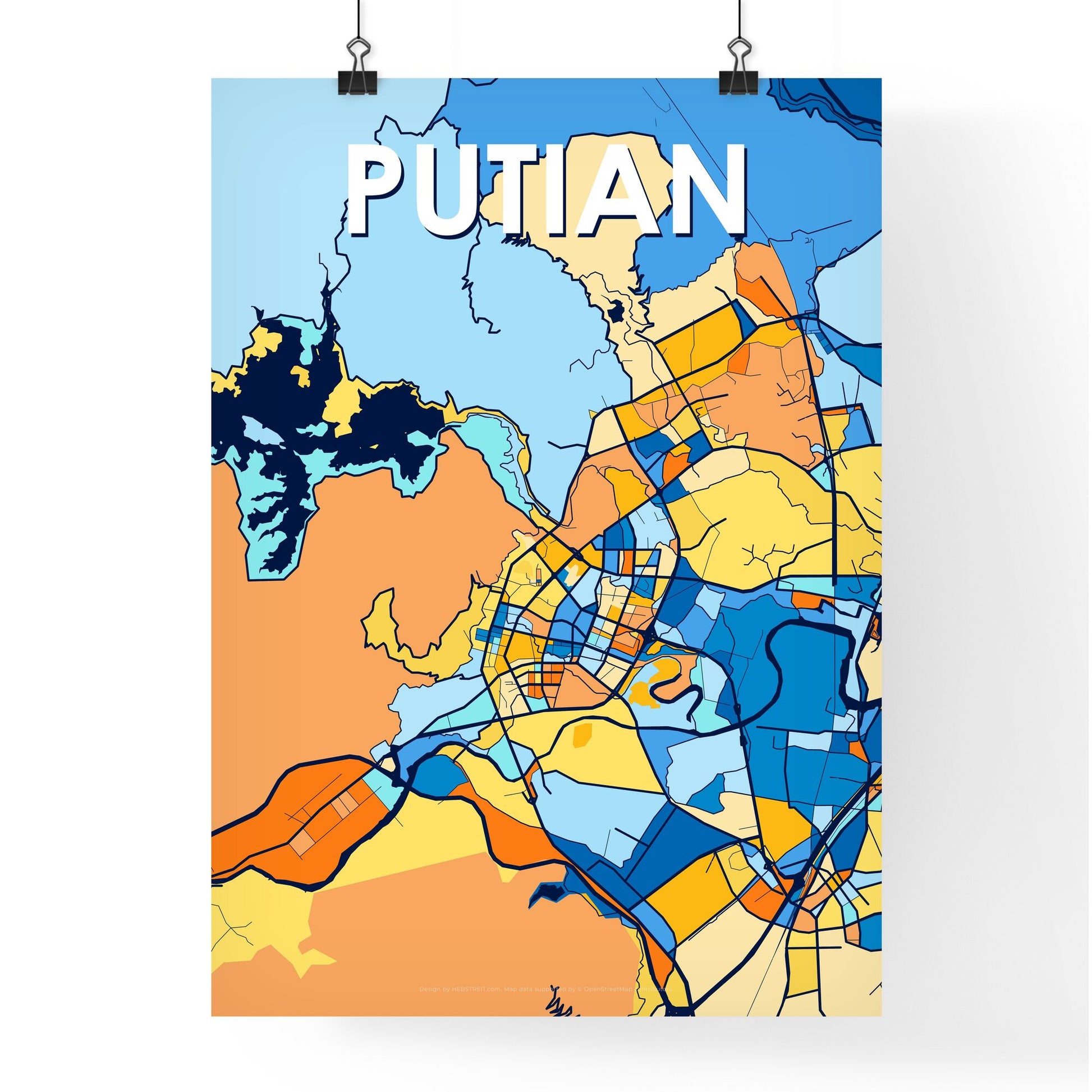 PUTIAN CHINA Vibrant Colorful Art Map Poster Blue Orange