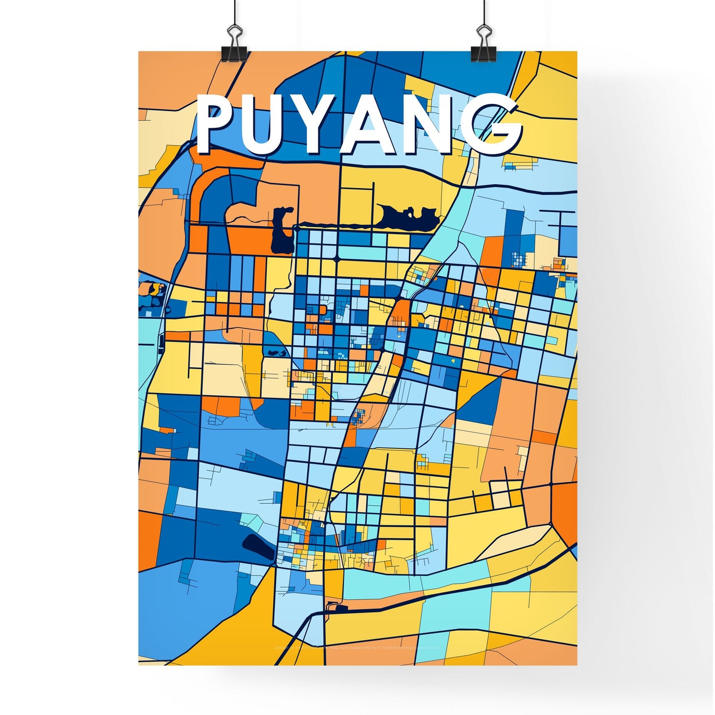 PUYANG CHINA Vibrant Colorful Art Map Poster Blue Orange