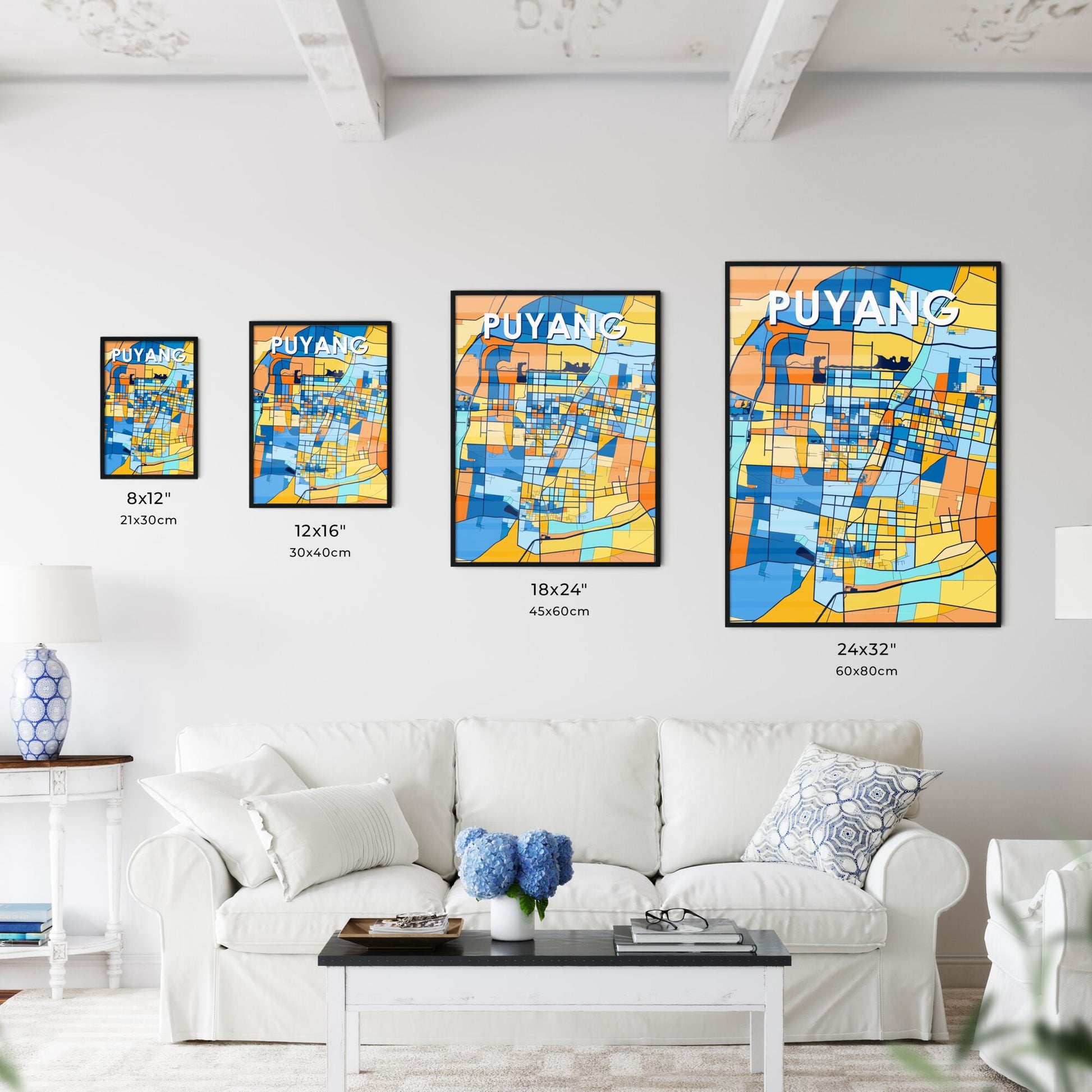 PUYANG CHINA Vibrant Colorful Art Map Poster Blue Orange