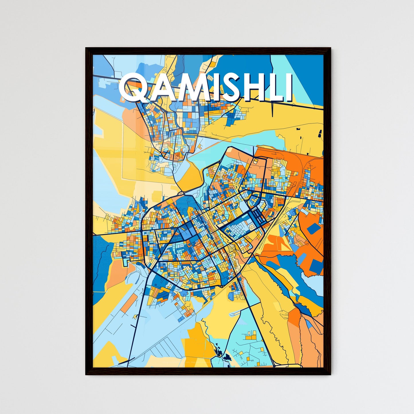 QAMISHLI SYRIA Vibrant Colorful Art Map Poster Blue Orange