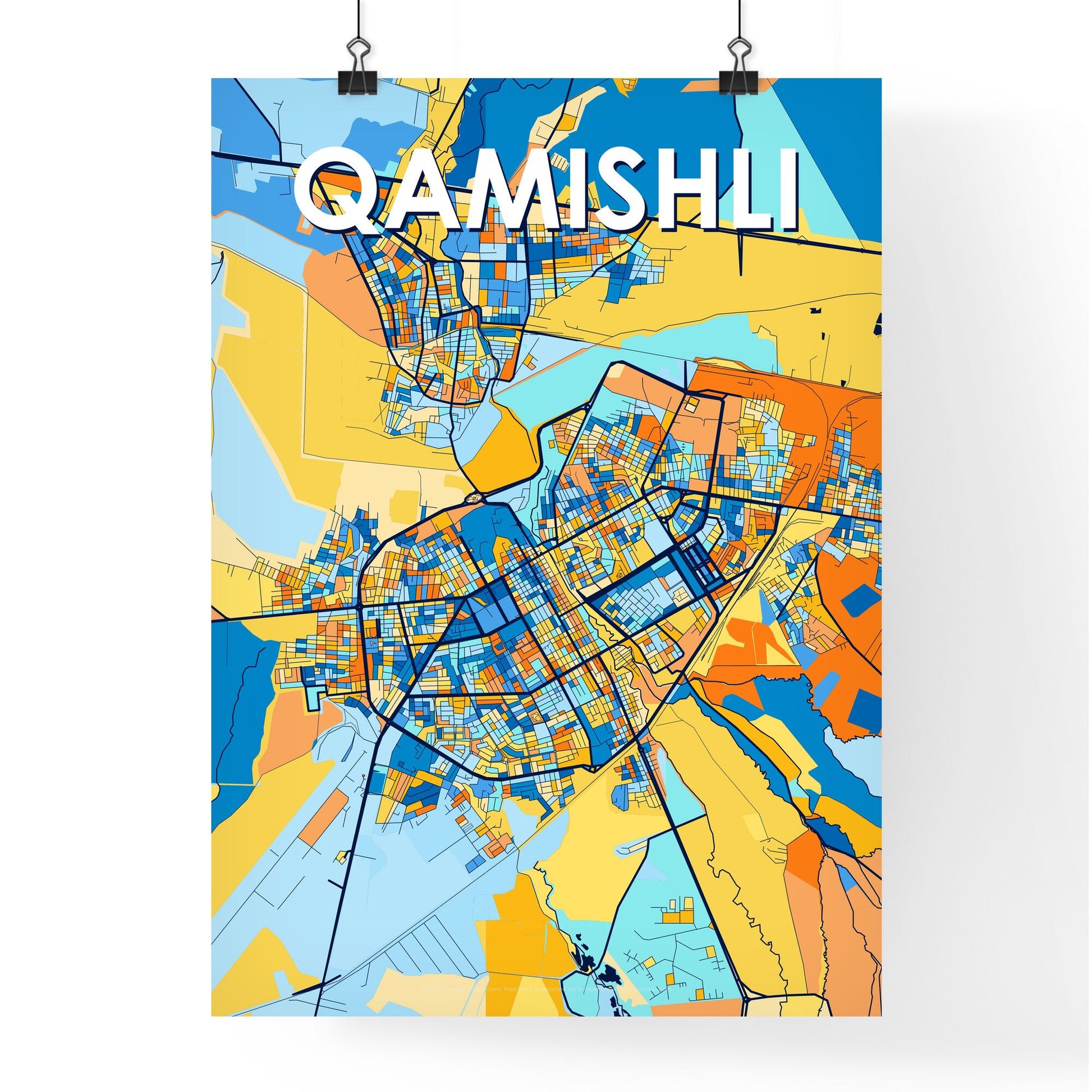 QAMISHLI SYRIA Vibrant Colorful Art Map Poster Blue Orange