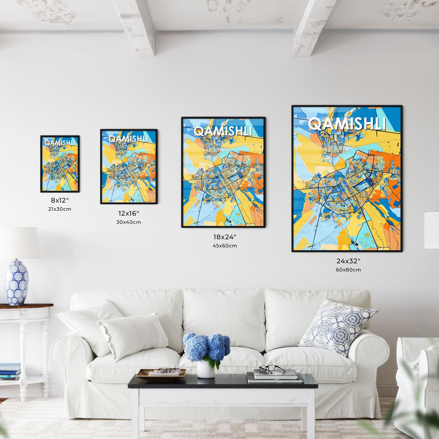 QAMISHLI SYRIA Vibrant Colorful Art Map Poster Blue Orange