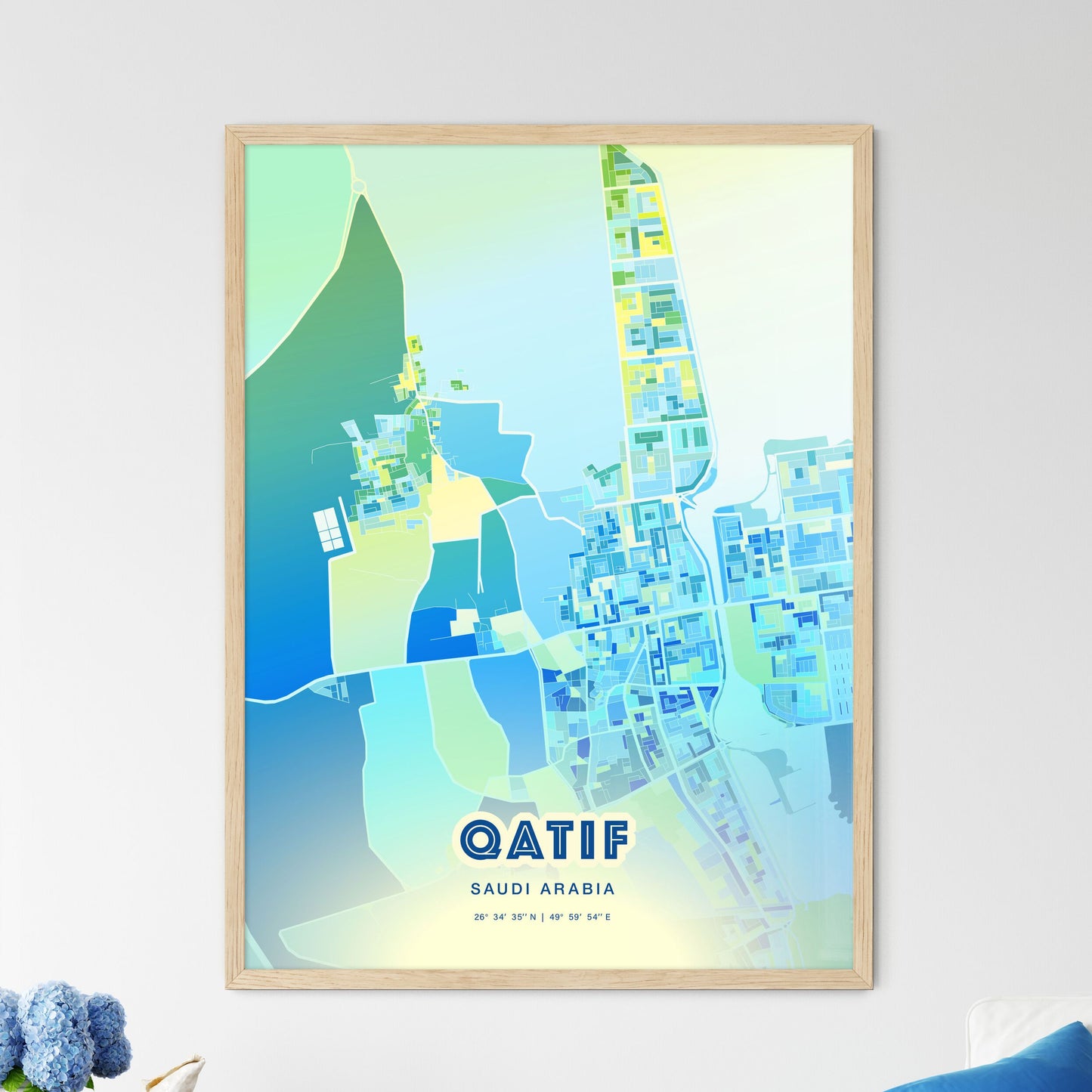 Colorful Qatif Saudi Arabia Fine Art Map Cool Blue