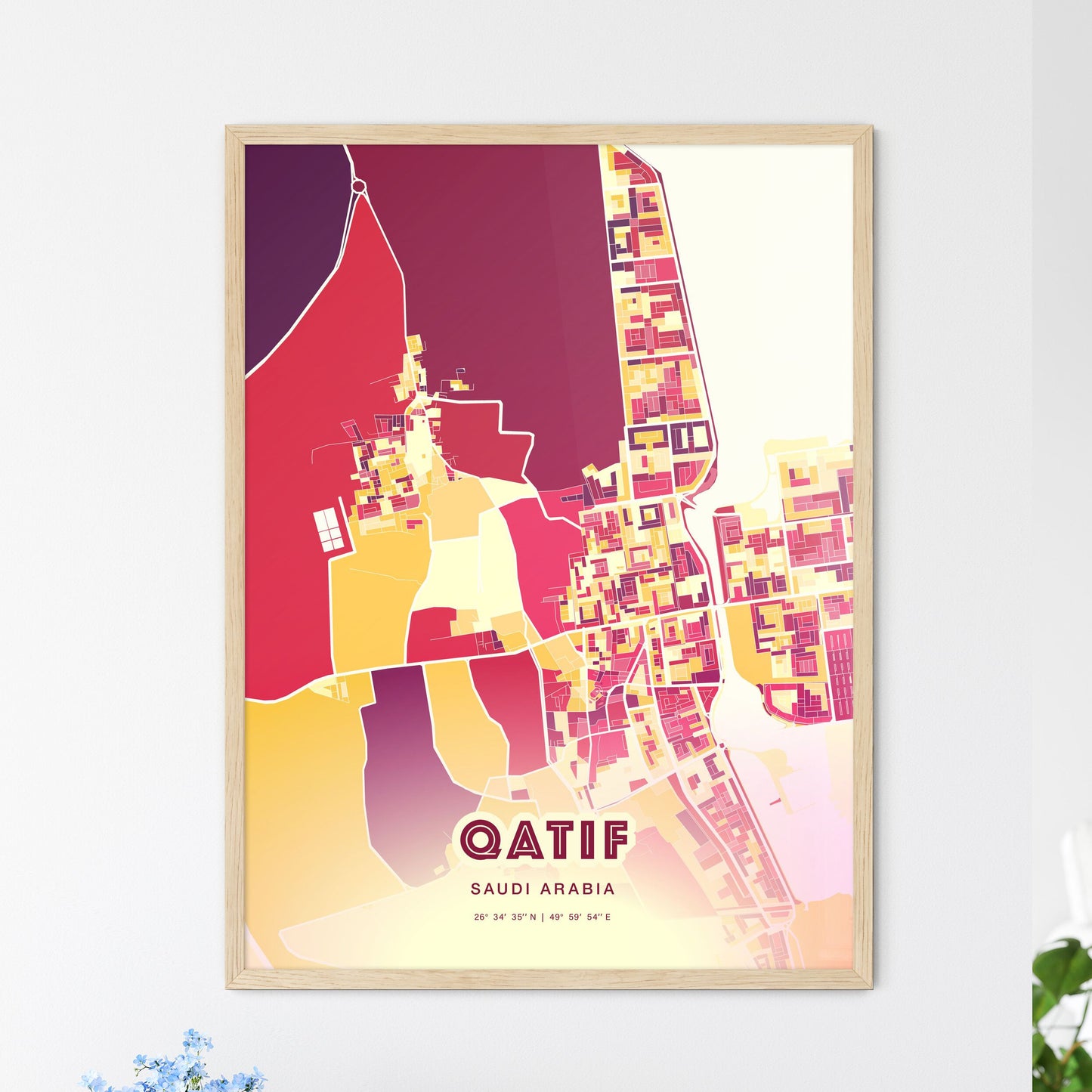 Colorful Qatif Saudi Arabia Fine Art Map Hot Red