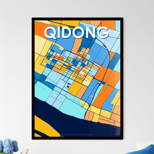 QIDONG CHINA Vibrant Colorful Art Map Poster Blue Orange