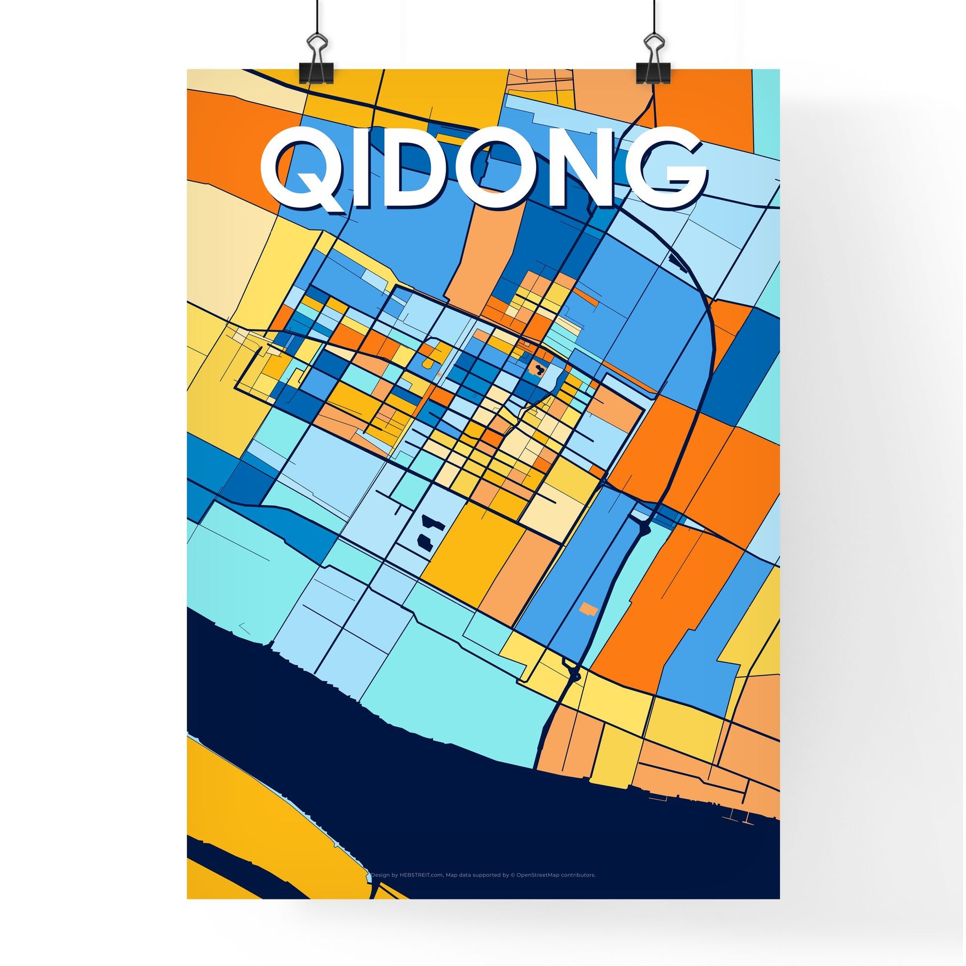 QIDONG CHINA Vibrant Colorful Art Map Poster Blue Orange