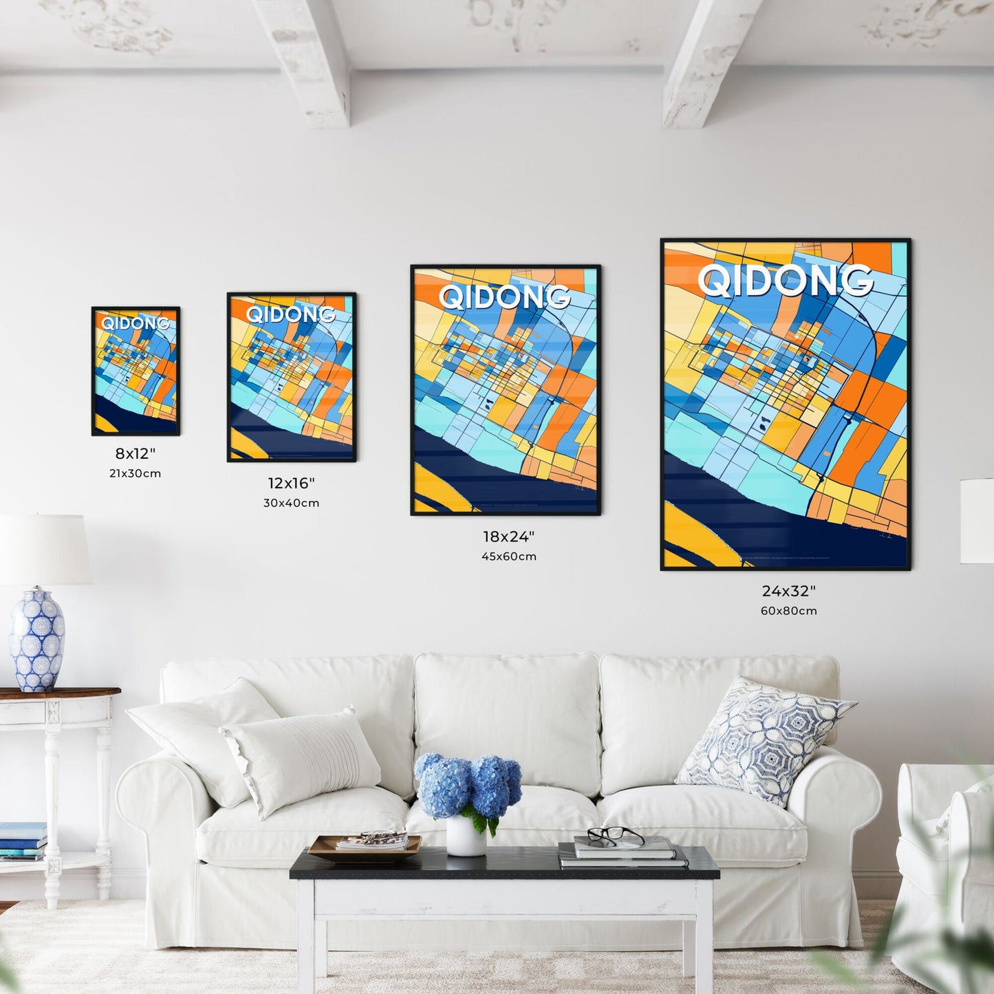 QIDONG CHINA Vibrant Colorful Art Map Poster Blue Orange