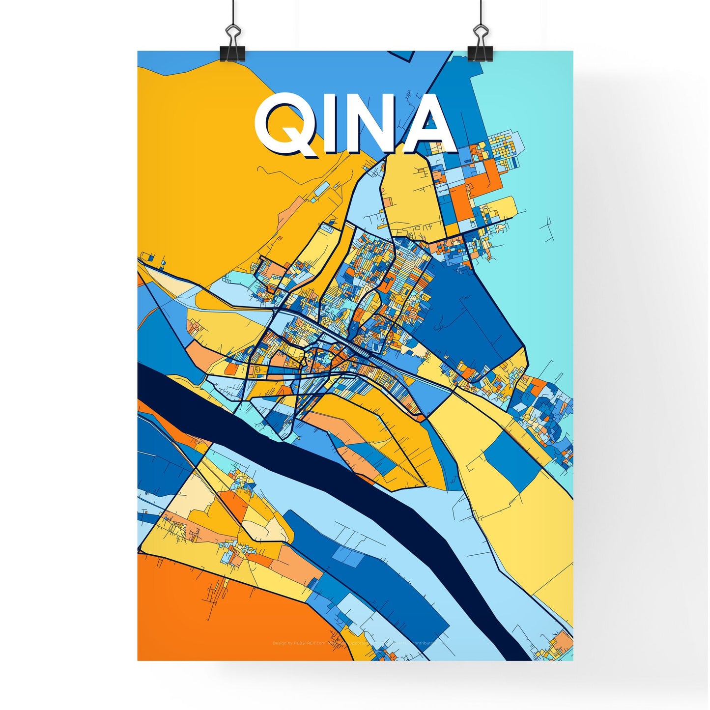 QINA EGYPT Vibrant Colorful Art Map Poster Blue Orange